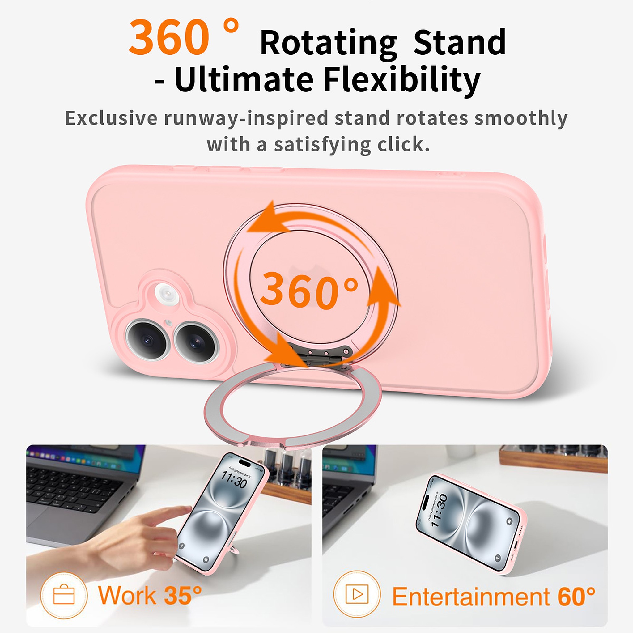 SendaFit Precise-Cutout Matte Skin-Feel 360° Stand Case for iPhone 16 detail 3