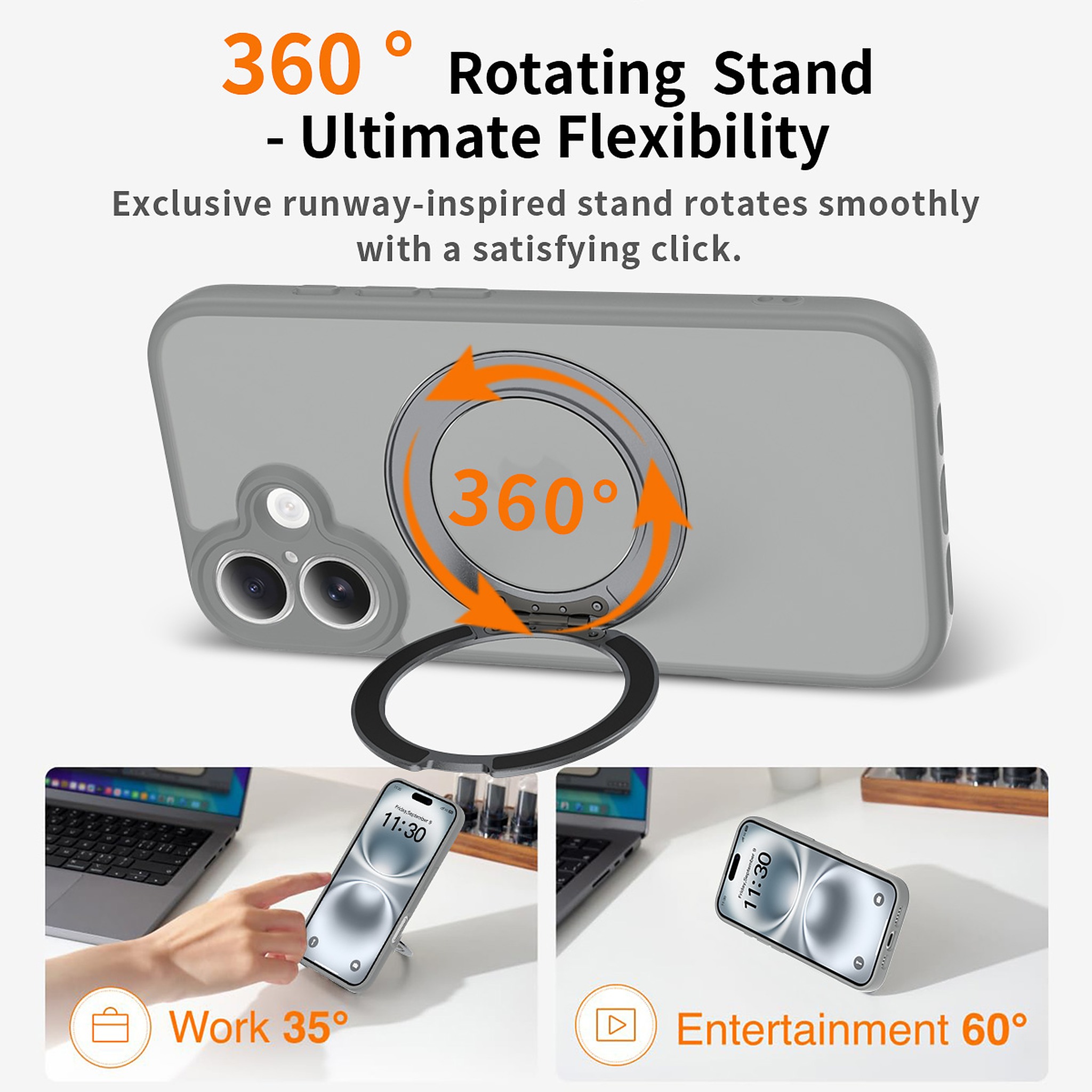 SendaFit Precise-Cutout Matte Skin-Feel 360° Stand Case for iPhone 16 detail 8