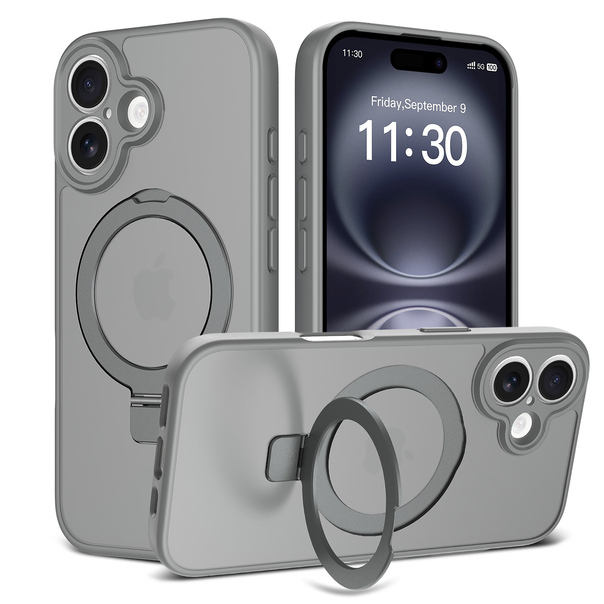 SendaFit Precise-Cutout Matte Skin-Feel Racket-Stand Case for iPhone 16 - Dark Gray