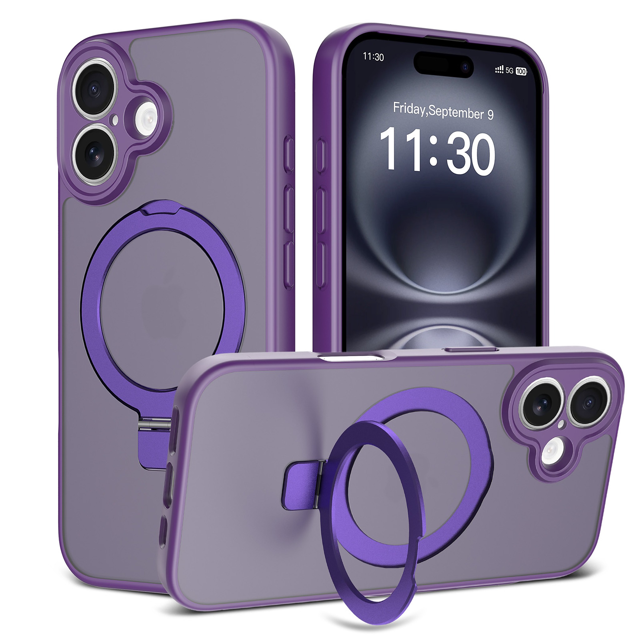 SendaFit Precise-Cutout Matte Skin-Feel Racket-Stand Case for iPhone 16 - Deep Purple
