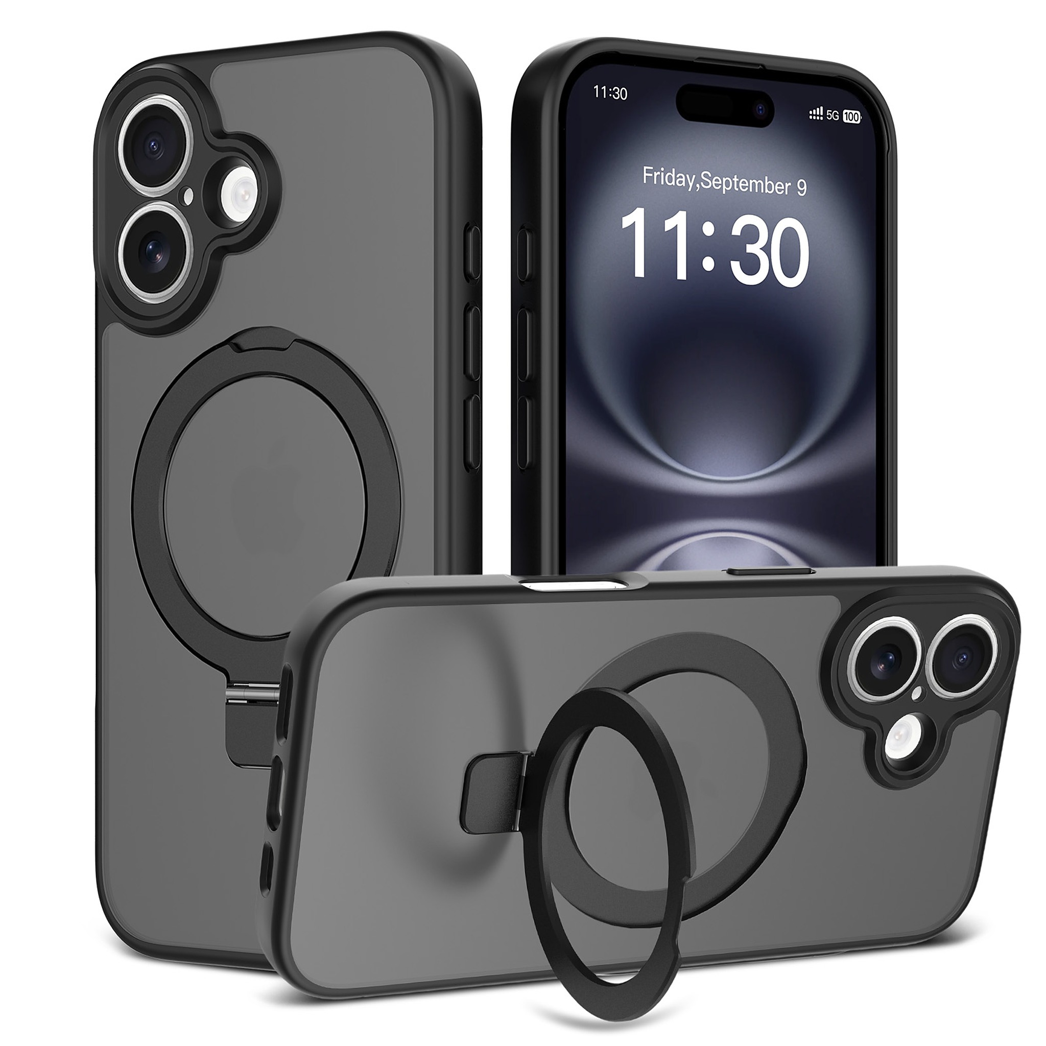 SendaFit Precise-Cutout Matte Skin-Feel Racket-Stand Case for iPhone 16 - Matte Black