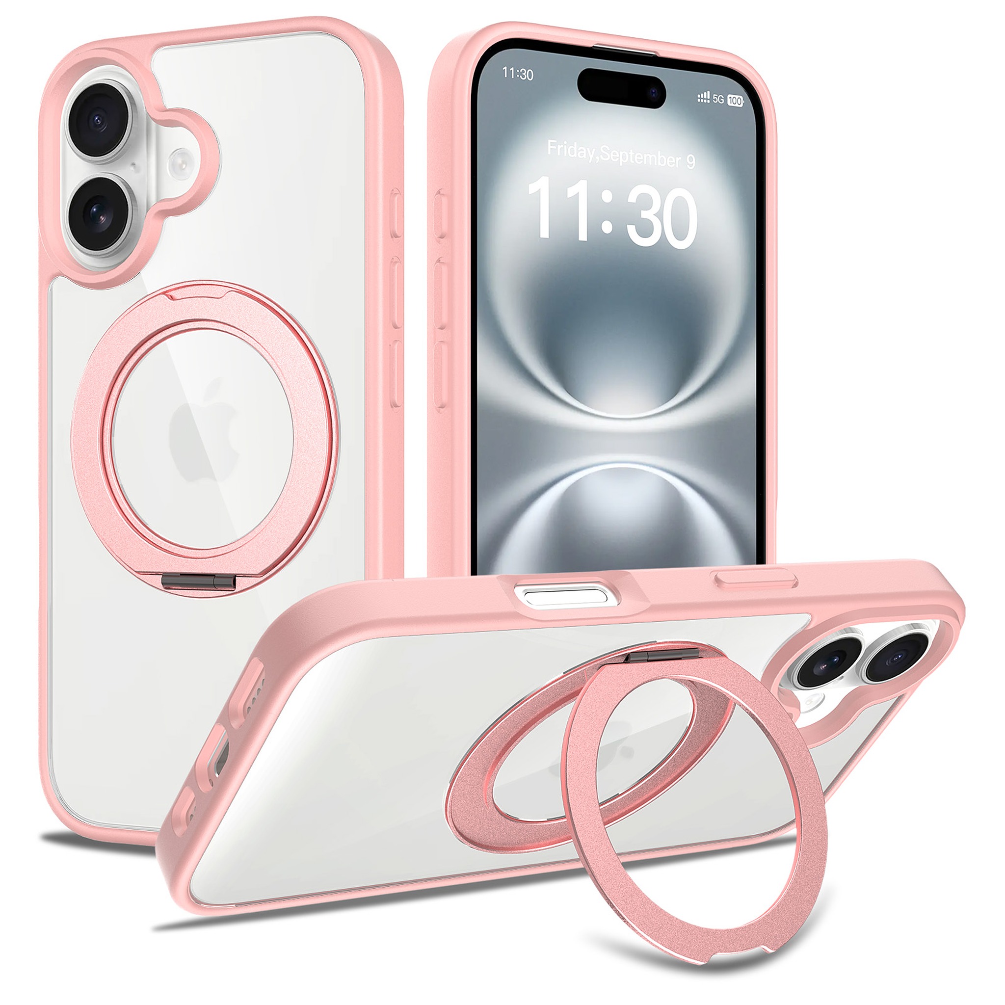 SendaFit Clear 360° Stand Case for iPhone 16 - Light Pink