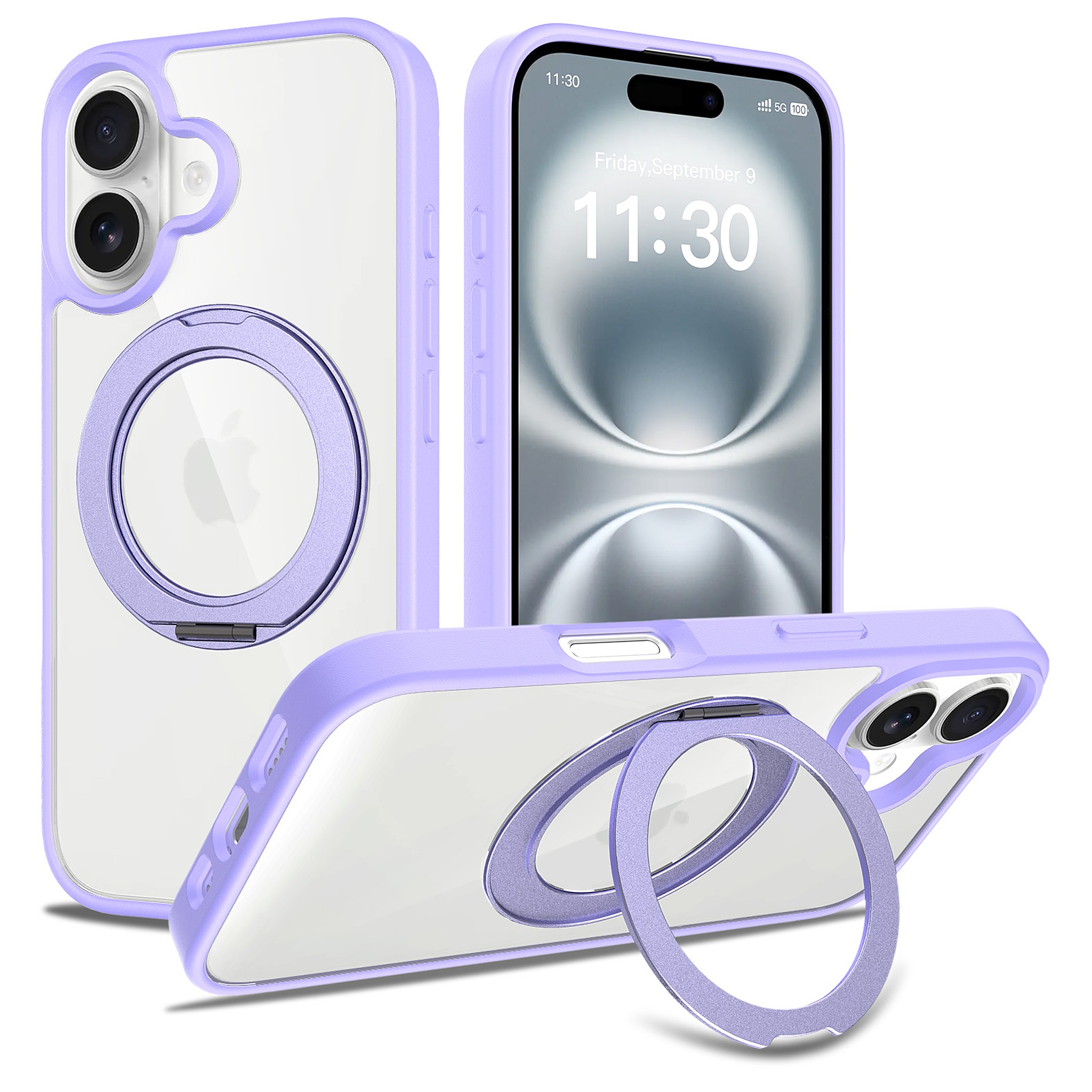 SendaFit Clear 360° Stand Case for iPhone 16 - Light Purple