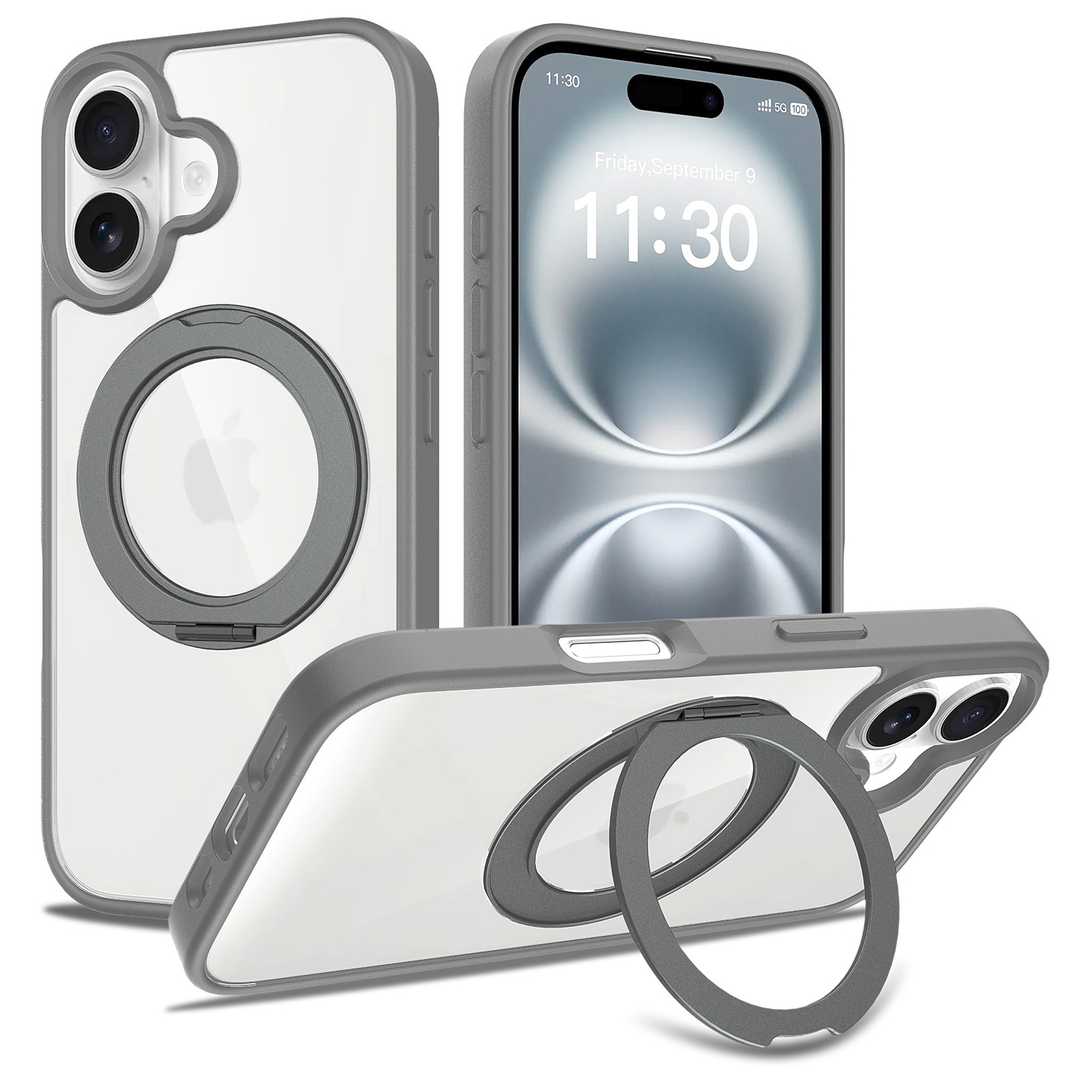 SendaFit Clear 360° Stand Case for iPhone 16 - Dark Gray
