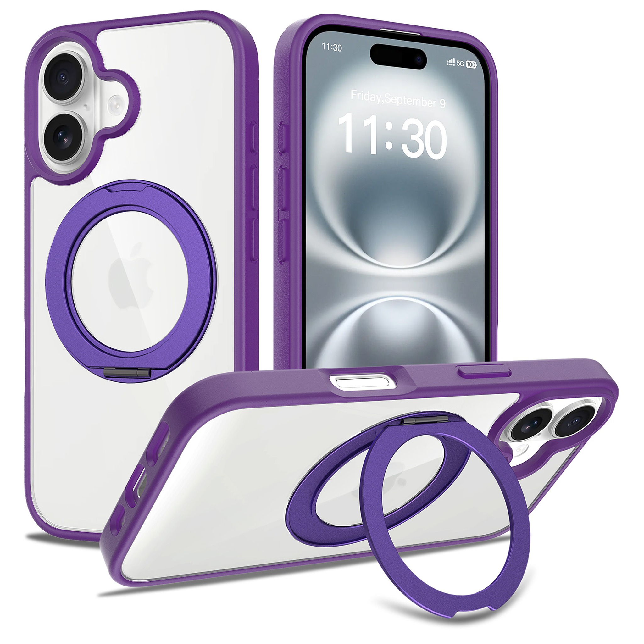 SendaFit Clear 360° Stand Case for iPhone 16 - Deep Purple