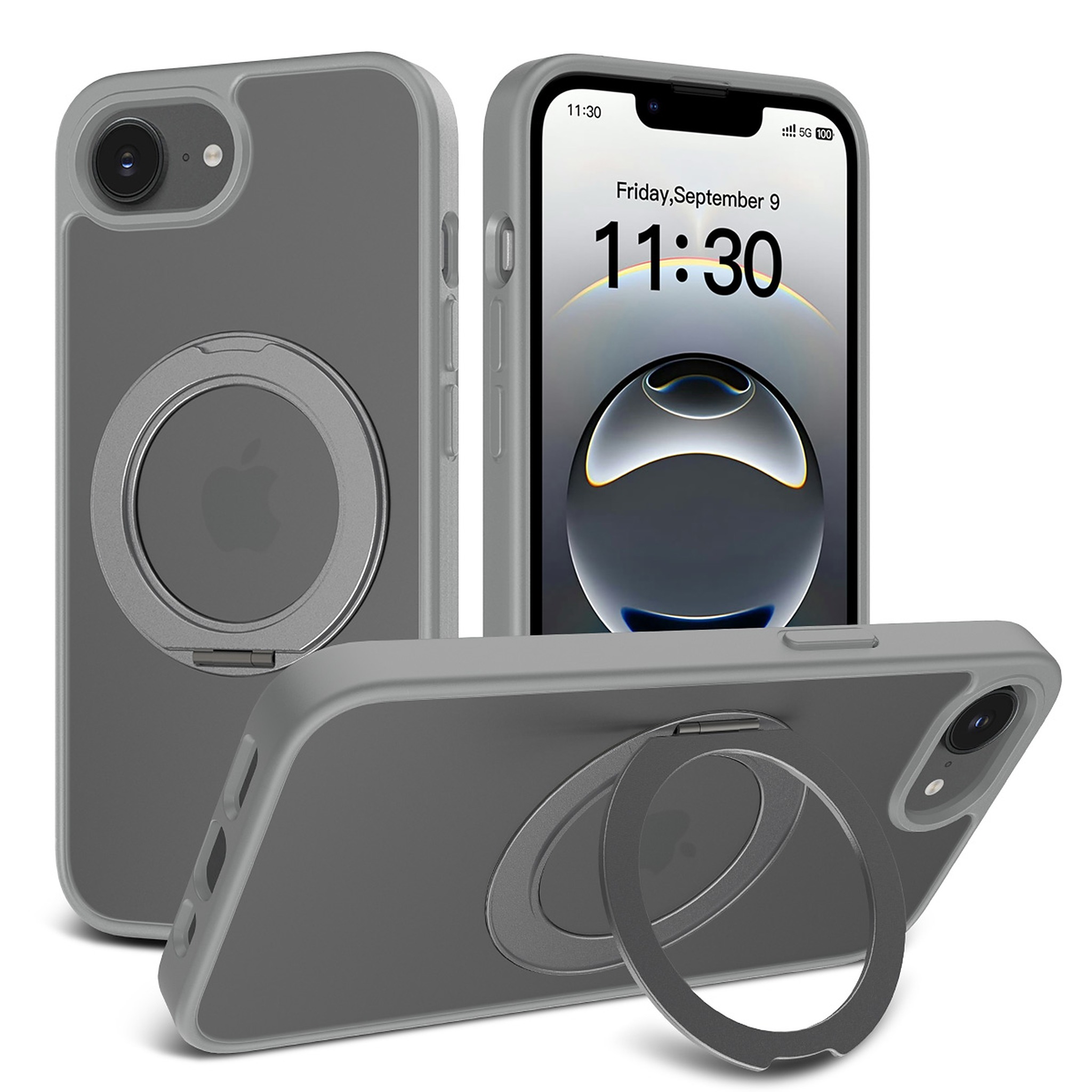 SendaFit Matte Skin-Feel 360° Stand Case for iPhone 16e - Dark Gray