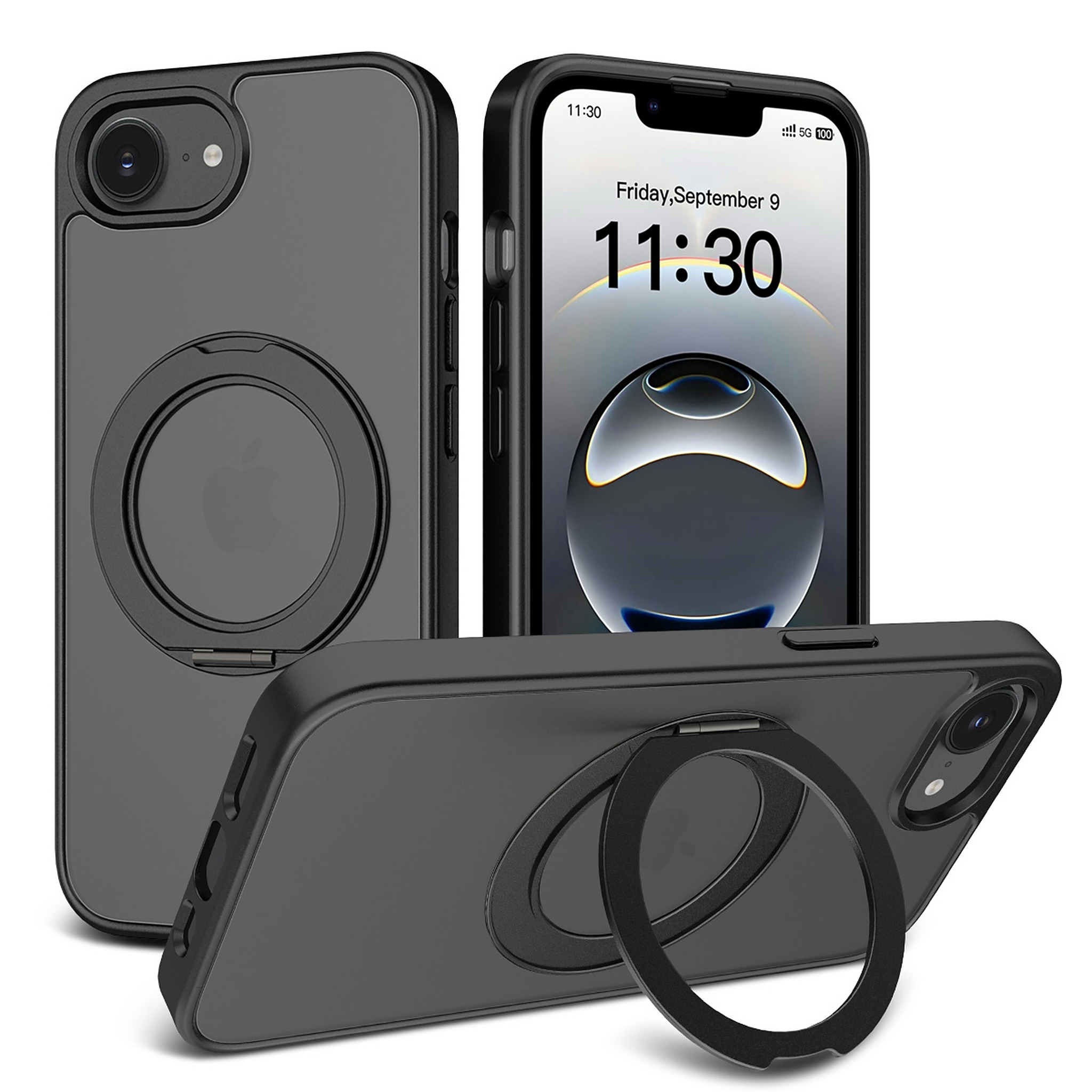 SendaFit Matte Skin-Feel 360° Stand Case for iPhone 16e - Black