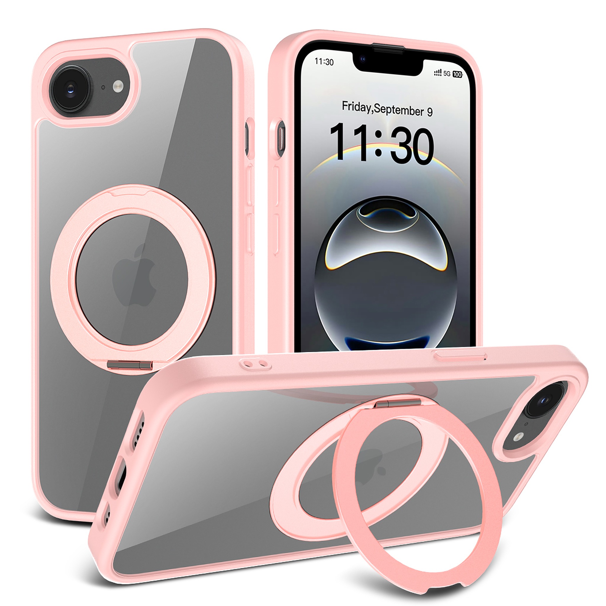 SendaFit Clear 360° Stand Case for iPhone 16e - Light Pink