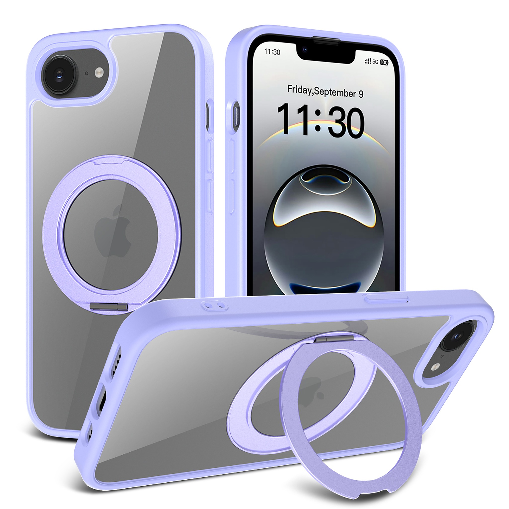 SendaFit Clear 360° Stand Case for iPhone 16e - Light Purple