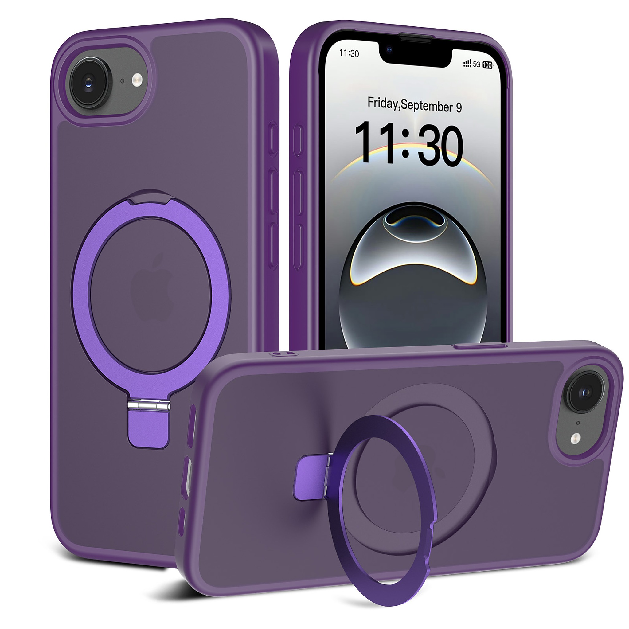 SendaFit Matte Skin-Feel Racket-Stand Case for iPhone 16e - Deep Purple