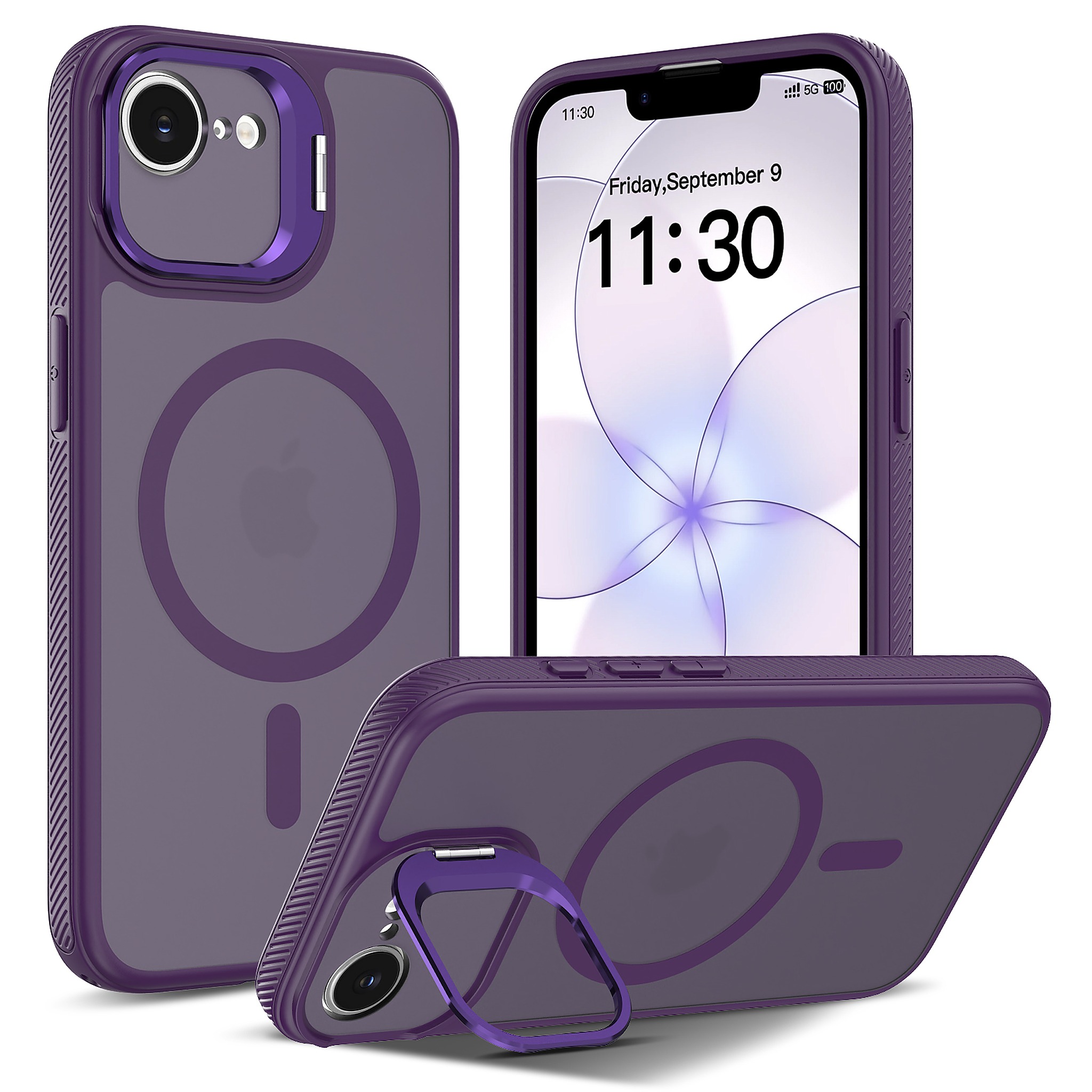 SendaFit Precise-Cutout Camera Stand MagSafe Case for iPhone 16e - Deep Purple