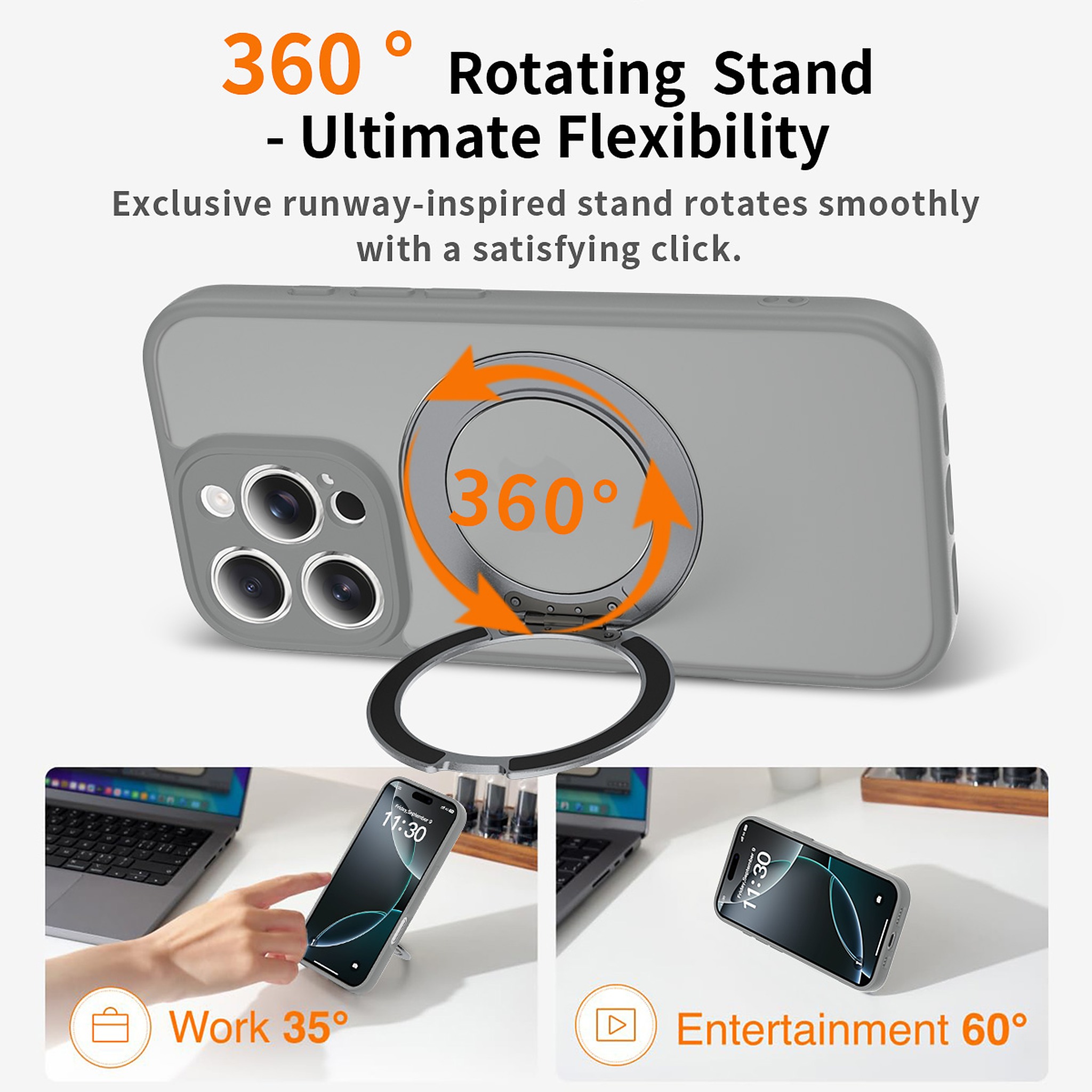 SendaFit Precise-Cutout Matte Skin-Feel 360° Stand Case for iPhone 16 Pro detail 13