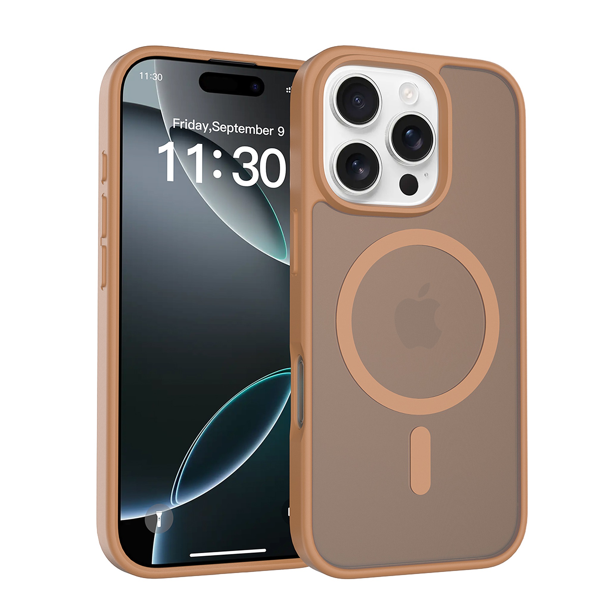 SendaFit Matte Skin-Feel Two-in-One MagSafe Case for iPhone 16 Pro (Orange Accent) - Coffee Brown