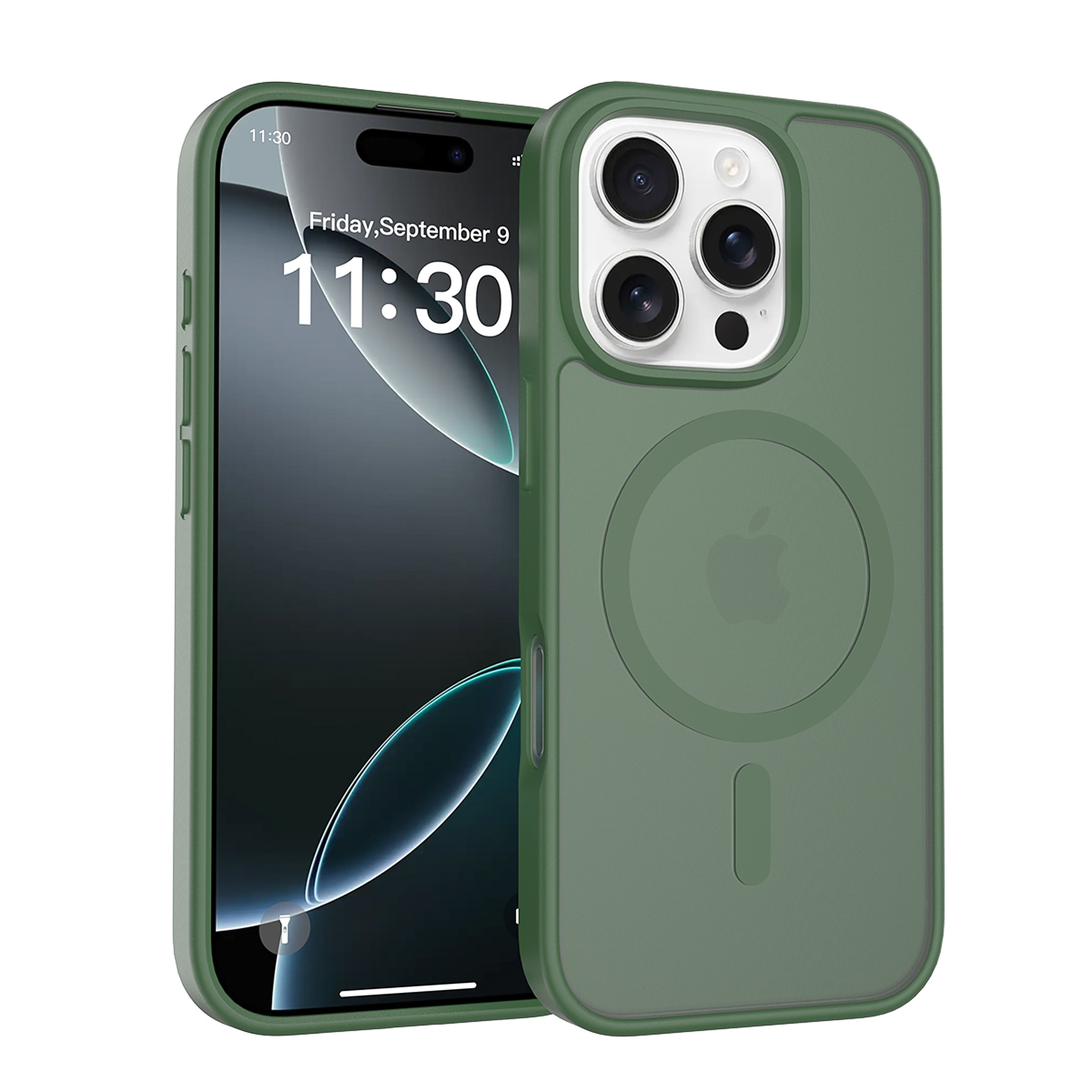 SendaFit Matte Skin-Feel Two-in-One MagSafe Case for iPhone 16 Pro (Orange Accent) - Dark Green