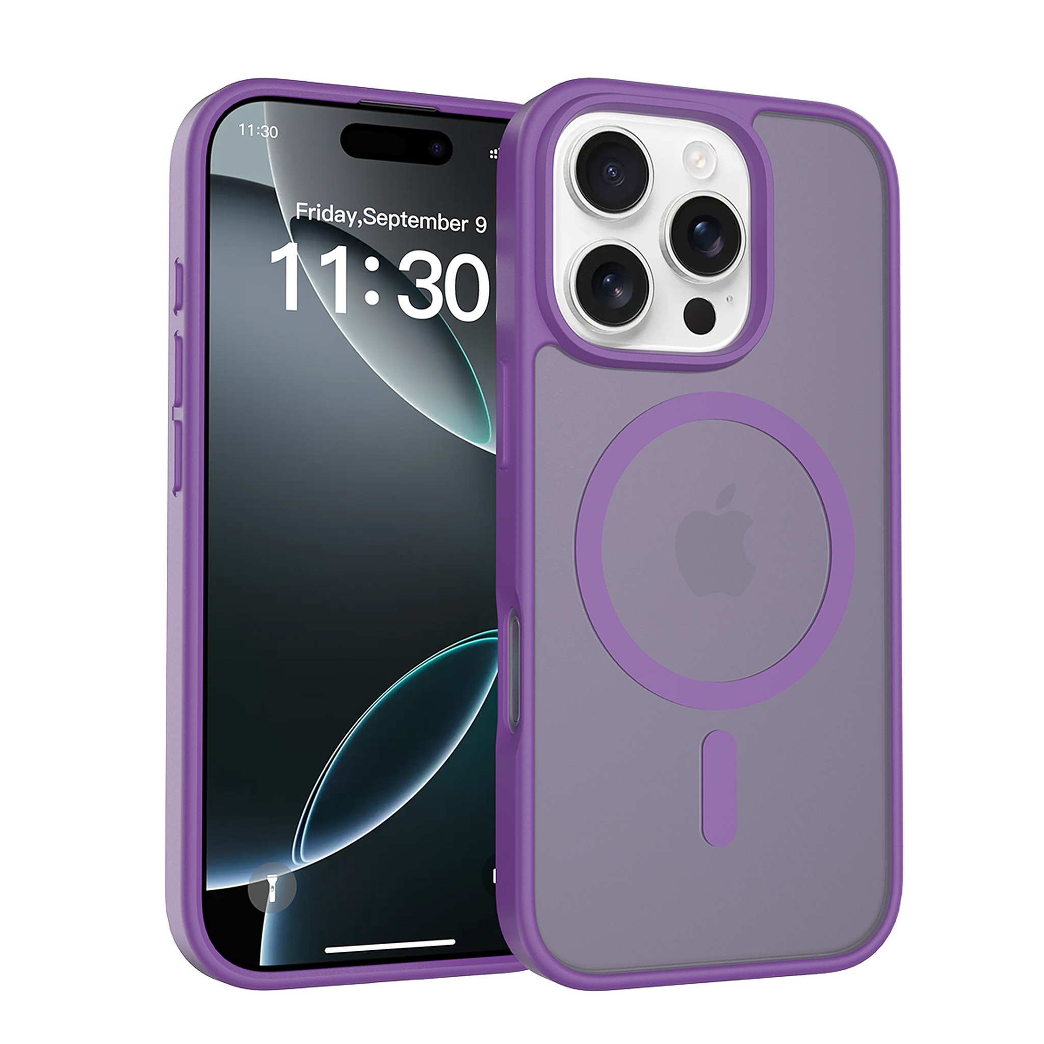 SendaFit Matte Skin-Feel Two-in-One MagSafe Case for iPhone 16 Pro (Orange Accent) - Deep Purple
