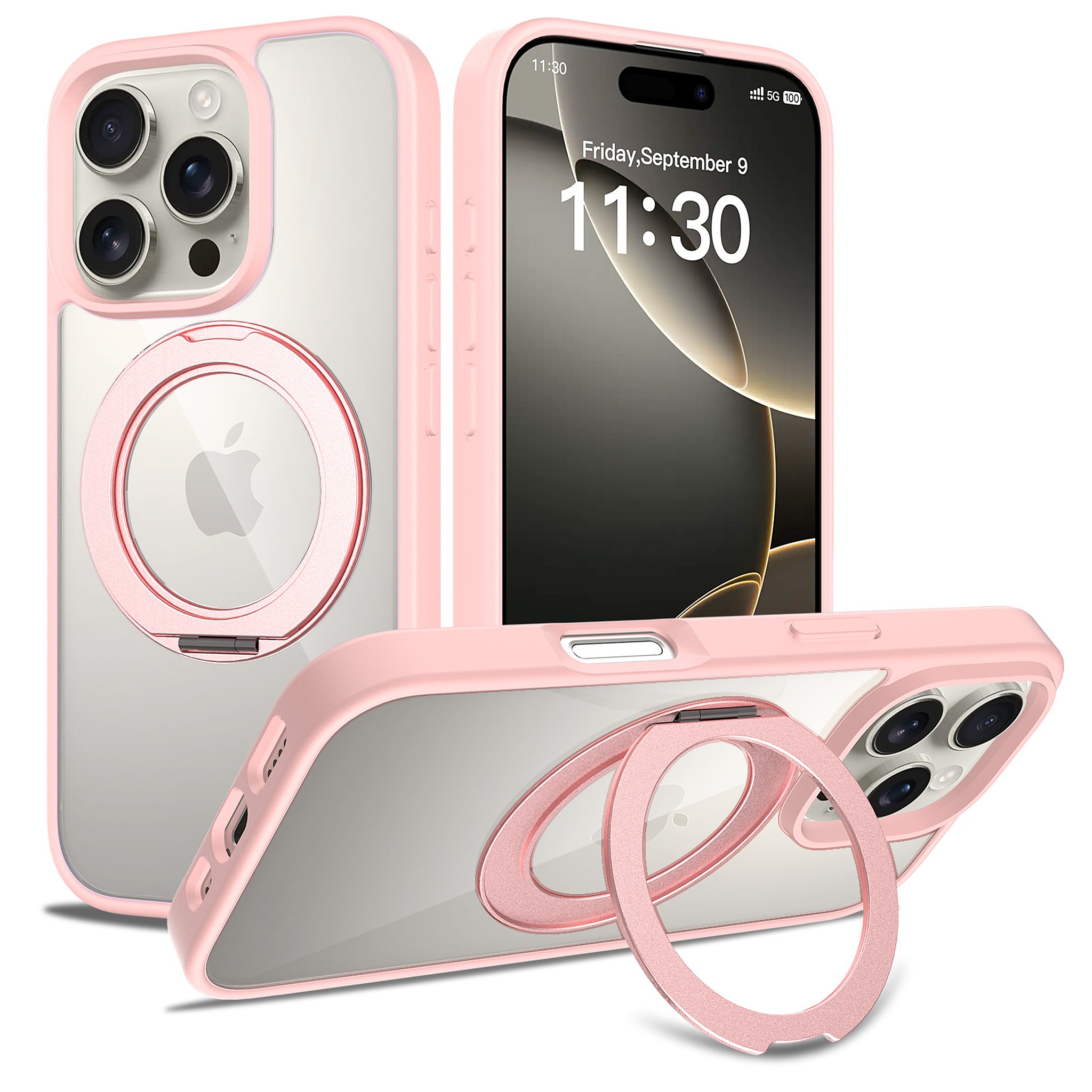 SendaFit Clear 360° Stand Case for iPhone 16 Pro - Light Pink