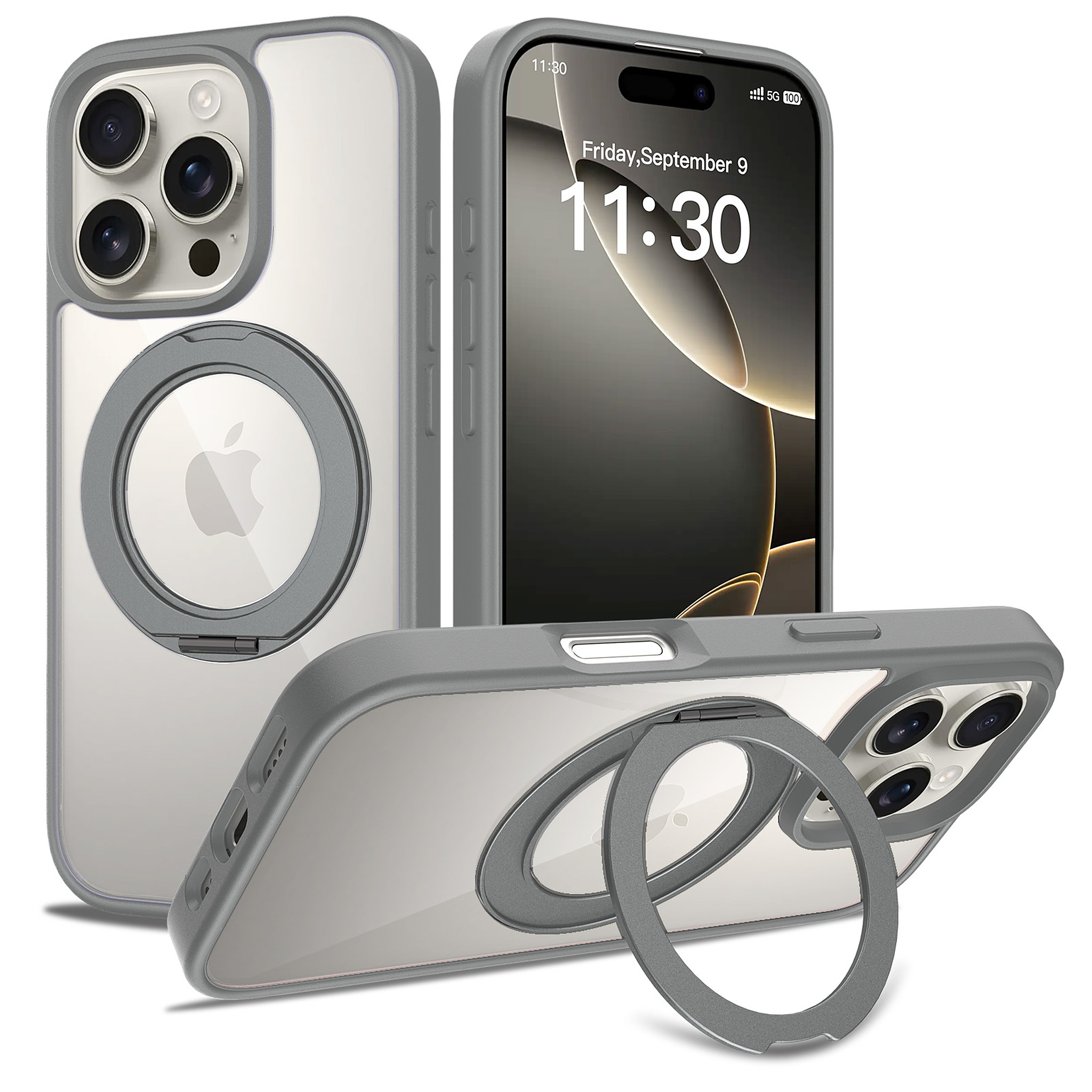 SendaFit Clear 360° Stand Case for iPhone 16 Pro - Dark Gray