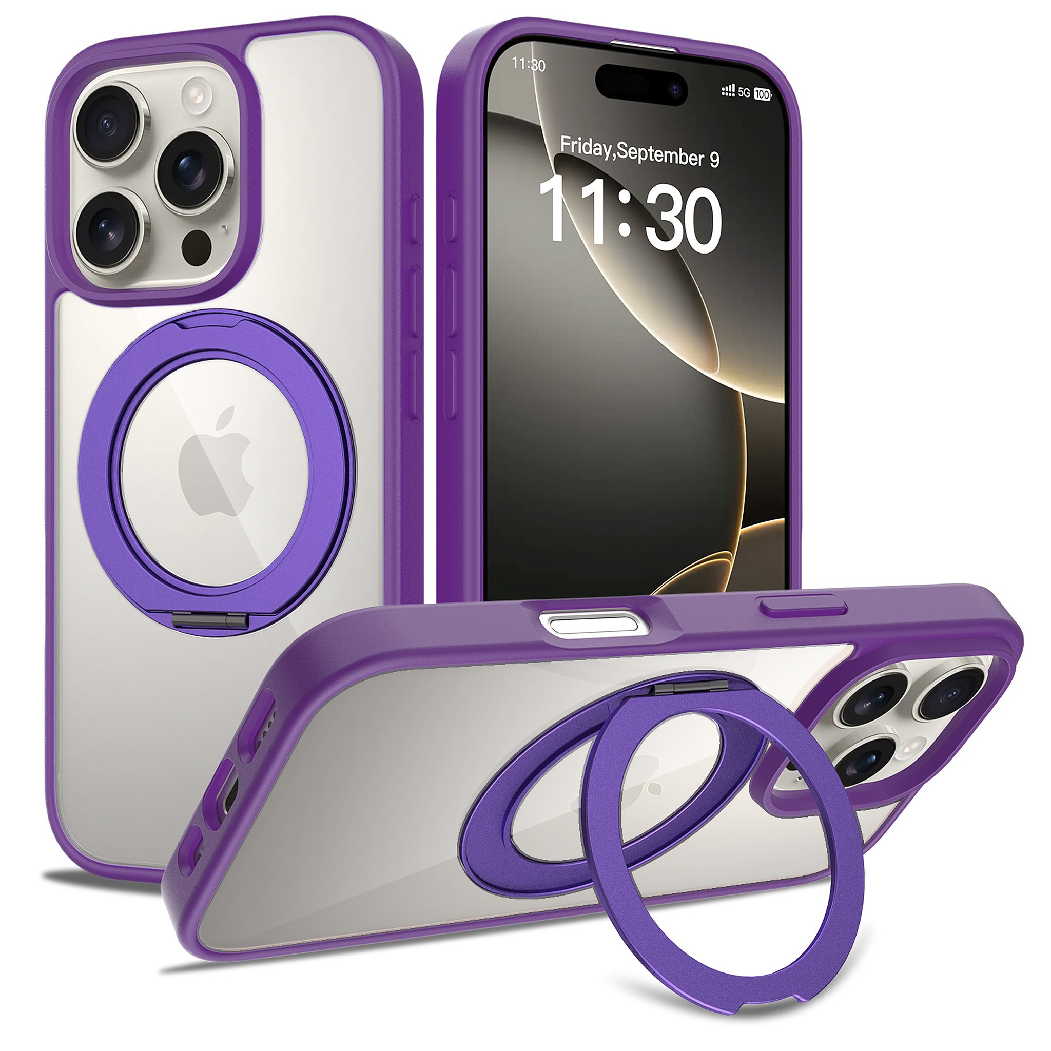 SendaFit Clear 360° Stand Case for iPhone 16 Pro - Deep Purple