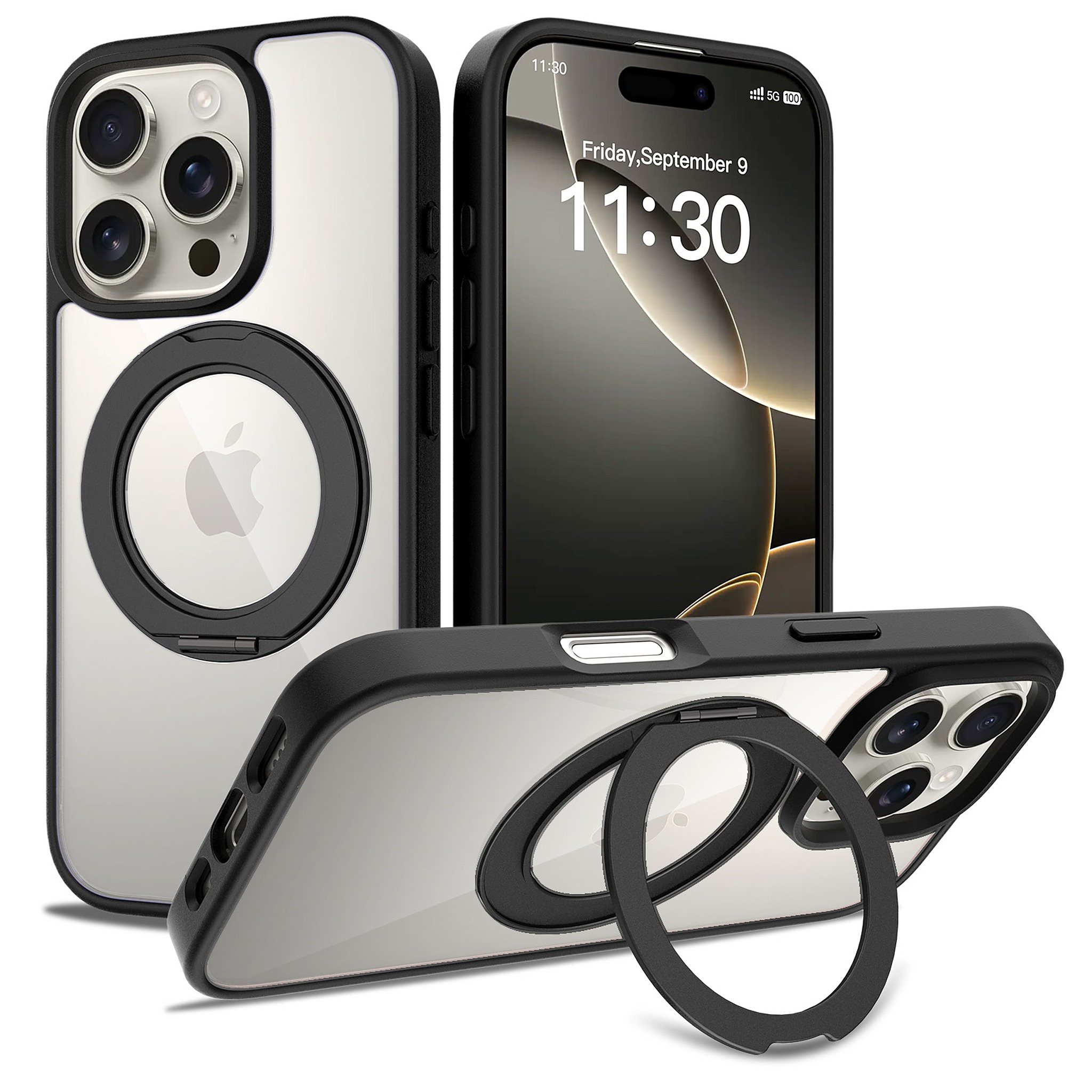 SendaFit Clear 360° Stand Case for iPhone 16 Pro - Matte Black