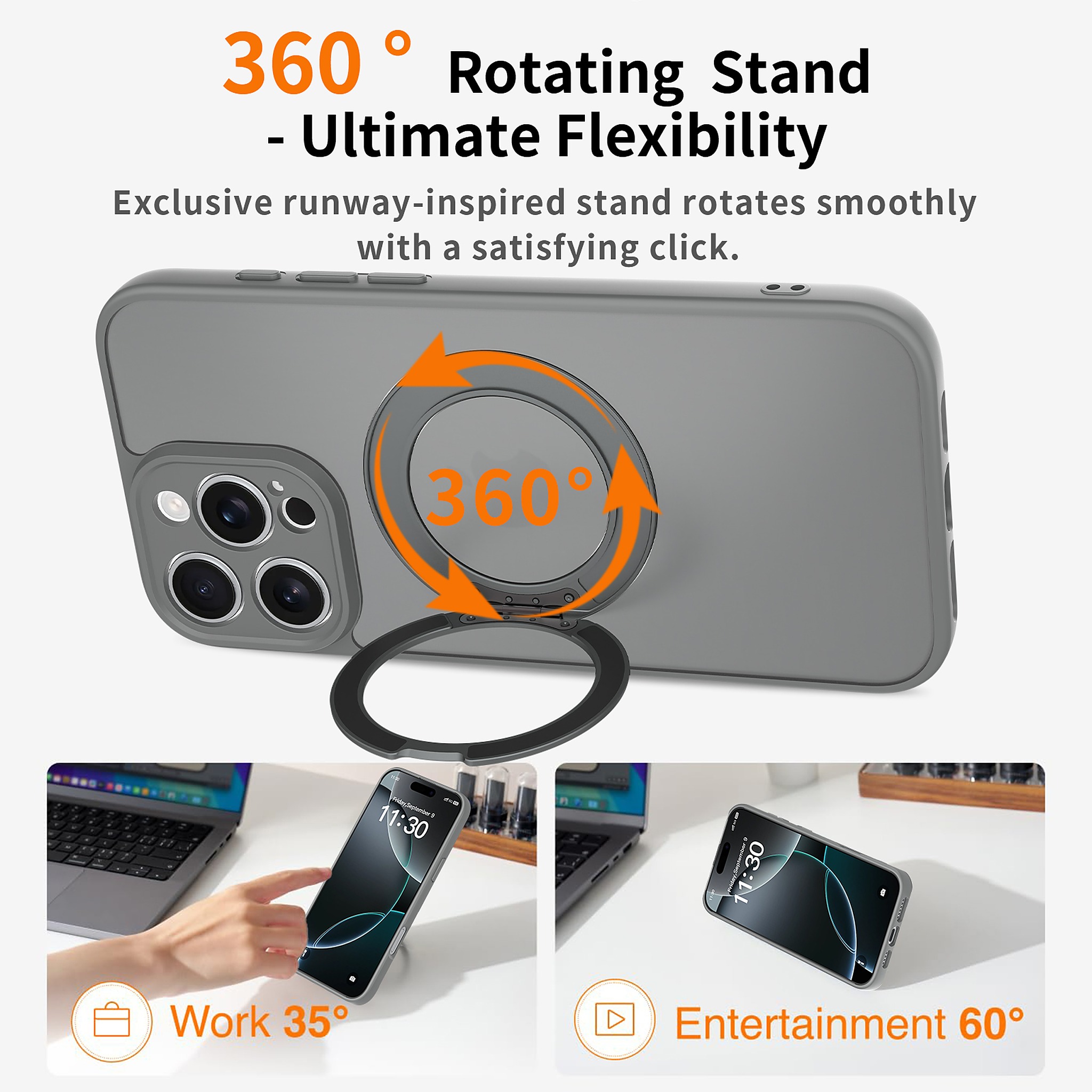 SendaFit Precise-Cutout Matte Skin-Feel 360° Stand Case for iPhone 16 Pro Max detail 12