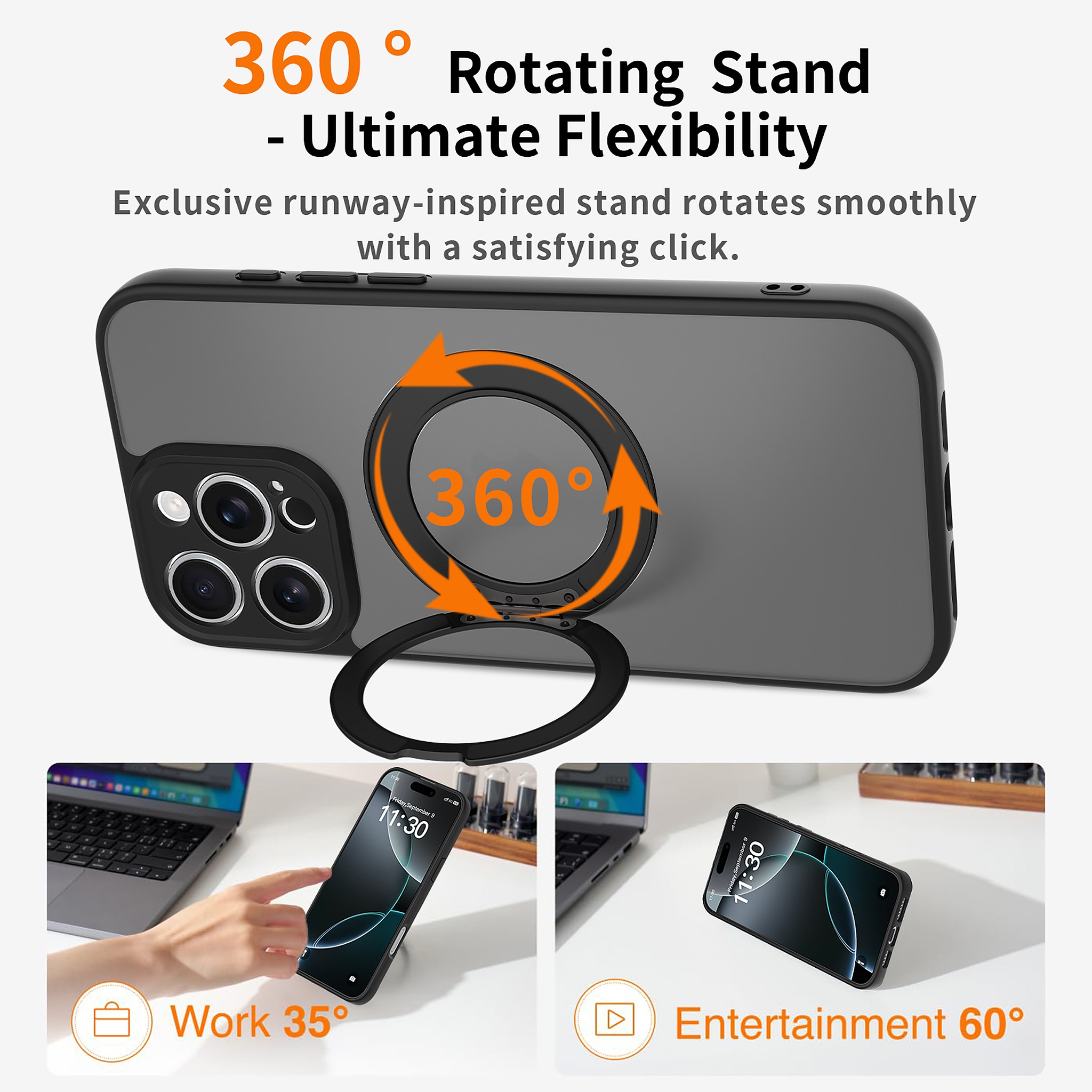 SendaFit Precise-Cutout Matte Skin-Feel 360° Stand Case for iPhone 16 Pro Max detail 13