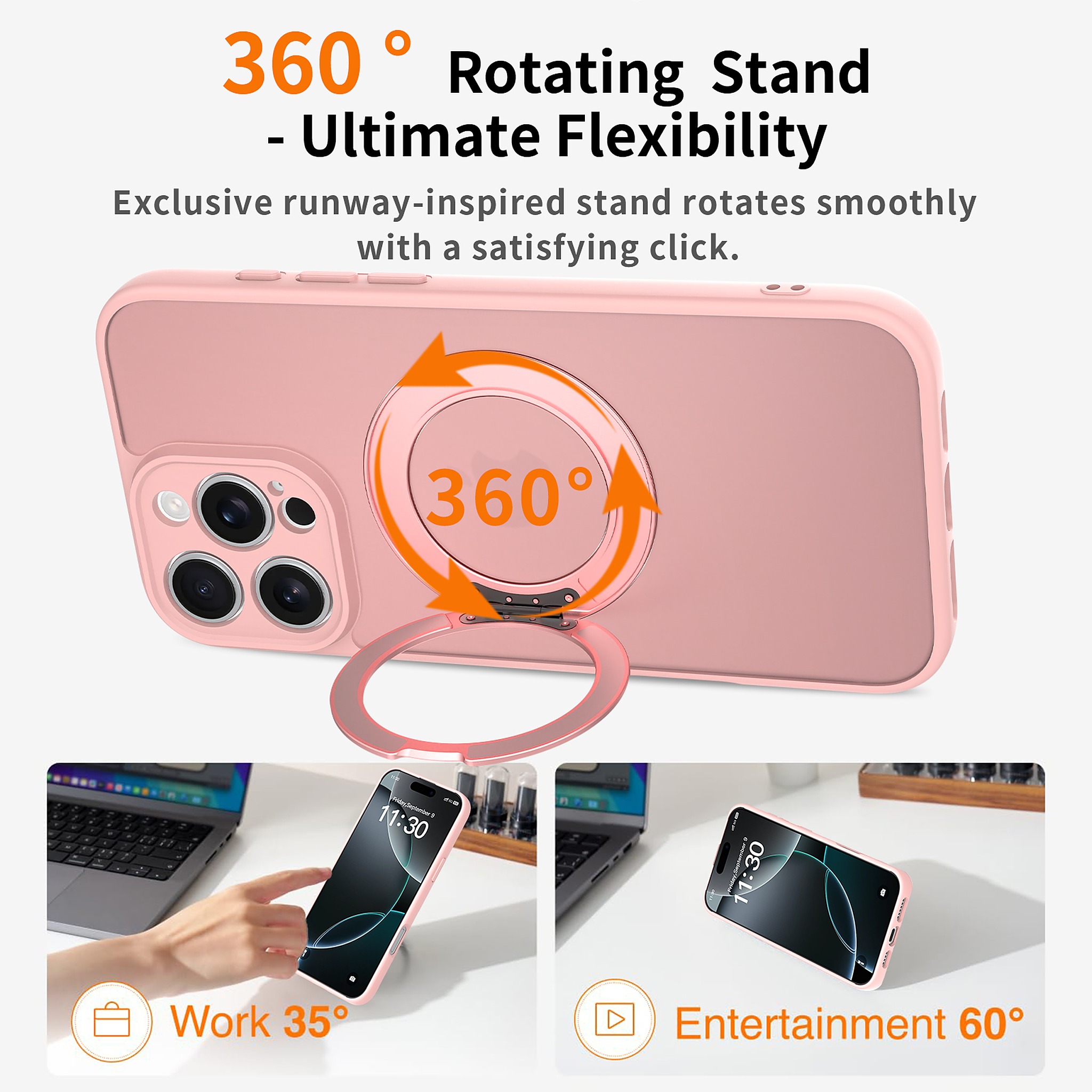 SendaFit Precise-Cutout Matte Skin-Feel 360° Stand Case for iPhone 16 Pro Max detail 15