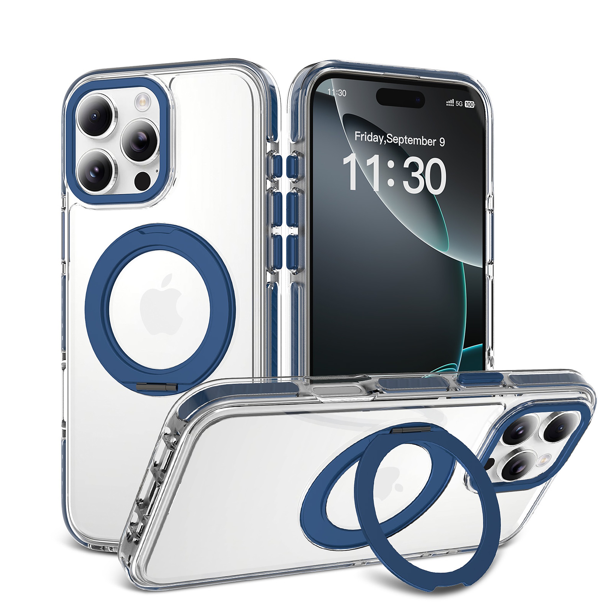 SendaFit Iridescent Clear 360° Stand Case for iPhone 16 Pro Max - Royal Blue
