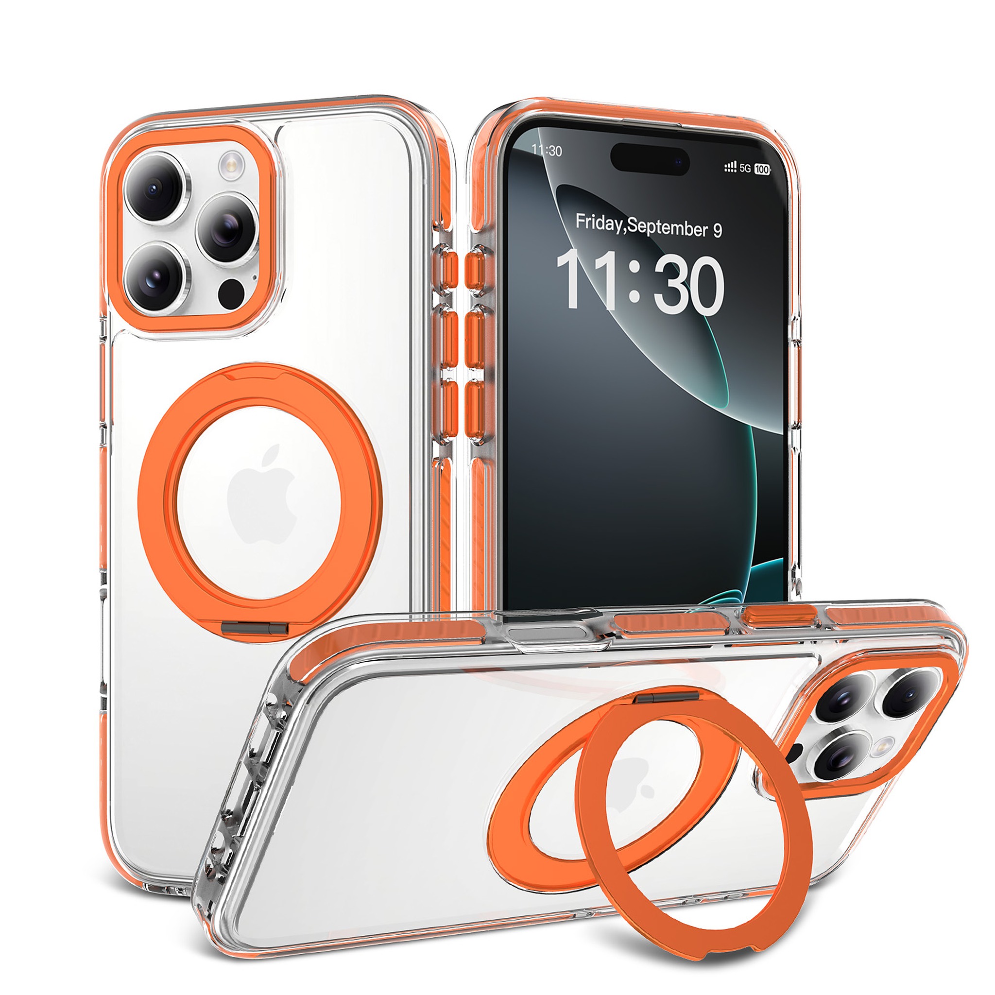 SendaFit Iridescent Clear 360° Stand Case for iPhone 16 Pro Max - Orange