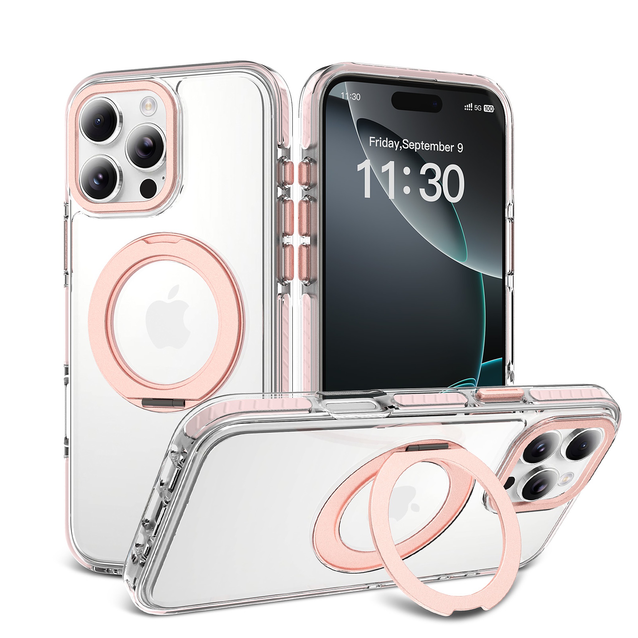 SendaFit Iridescent Clear 360° Stand Case for iPhone 16 Pro Max - Light Pink