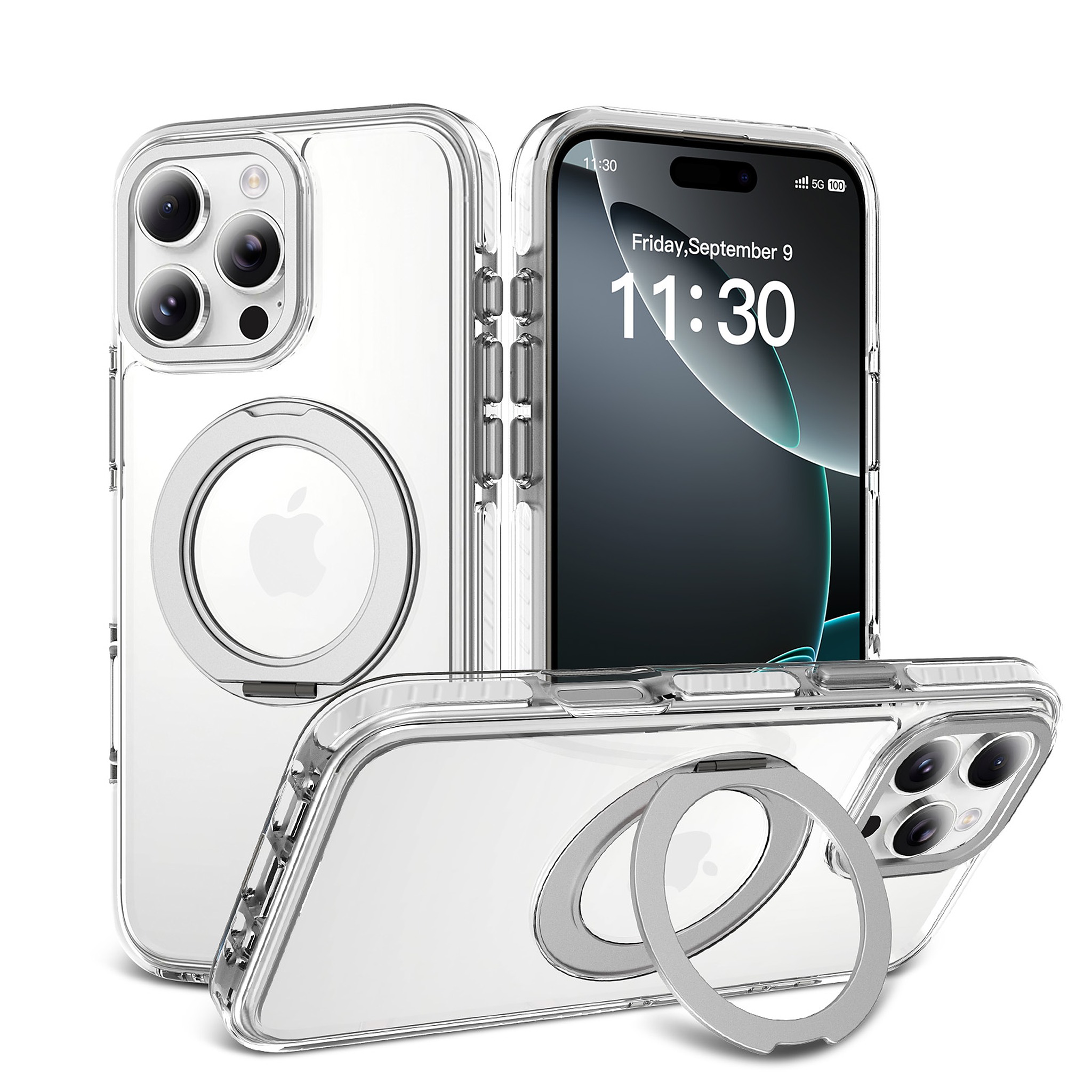 SendaFit Iridescent Clear 360° Stand Case for iPhone 16 Pro Max - White