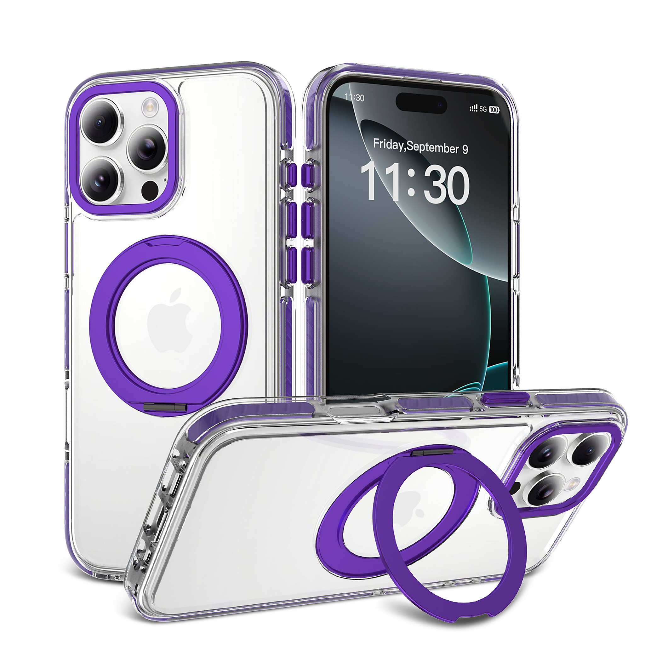 SendaFit Iridescent Clear 360° Stand Case for iPhone 16 Pro Max - Purple