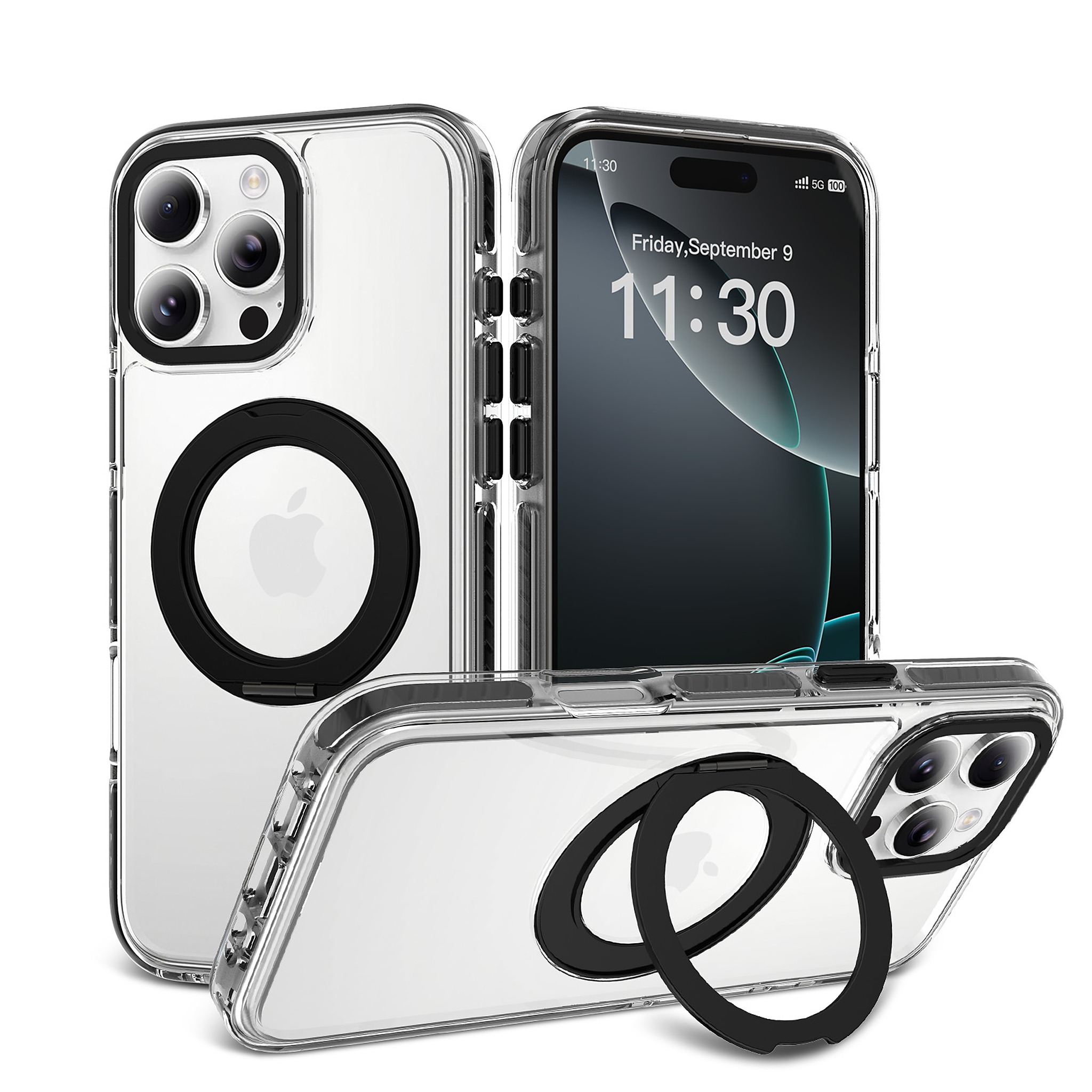 SendaFit Iridescent Clear 360° Stand Case for iPhone 16 Pro Max - Black