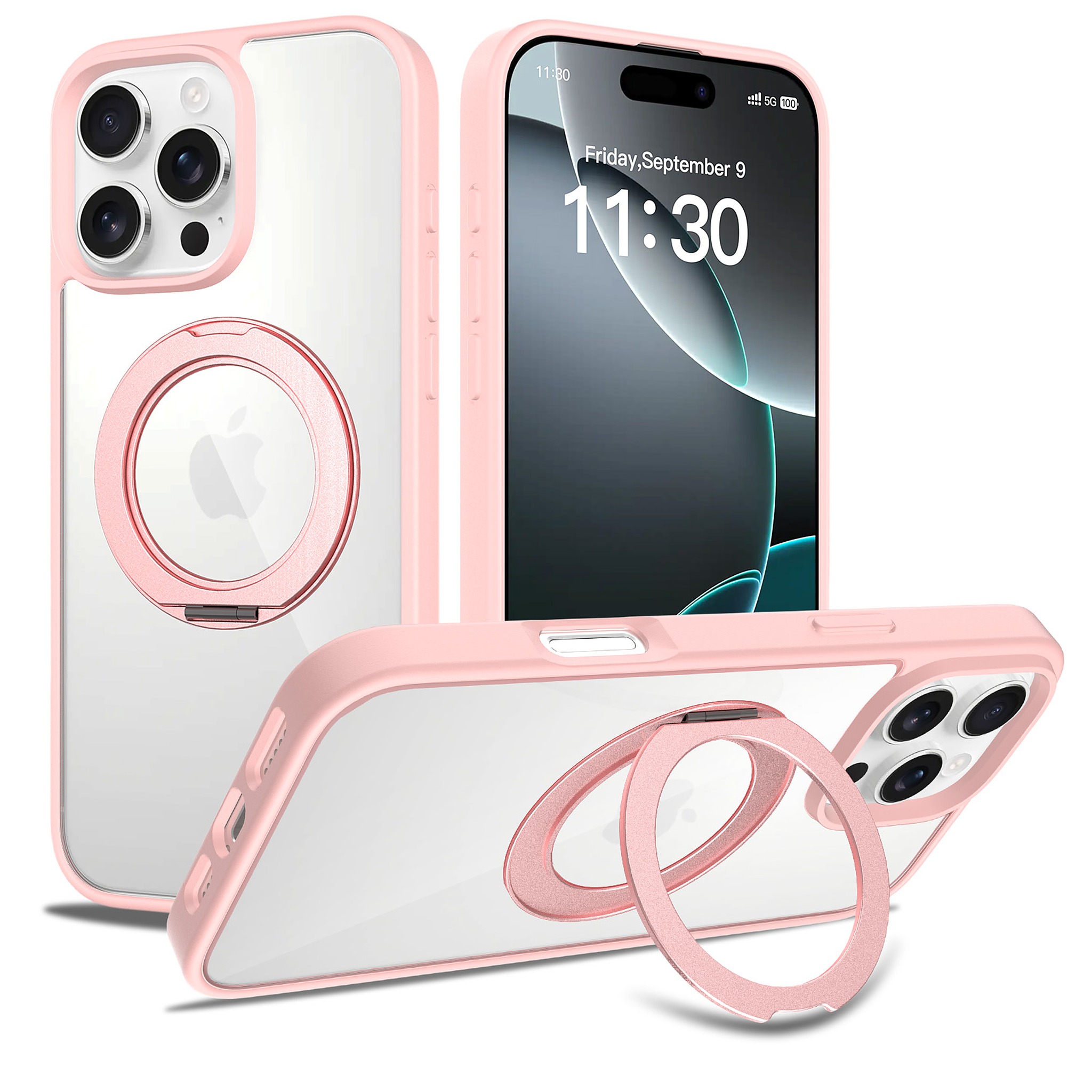 SendaFit Clear 360° Stand Case for iPhone 16 Pro Max - Light Pink