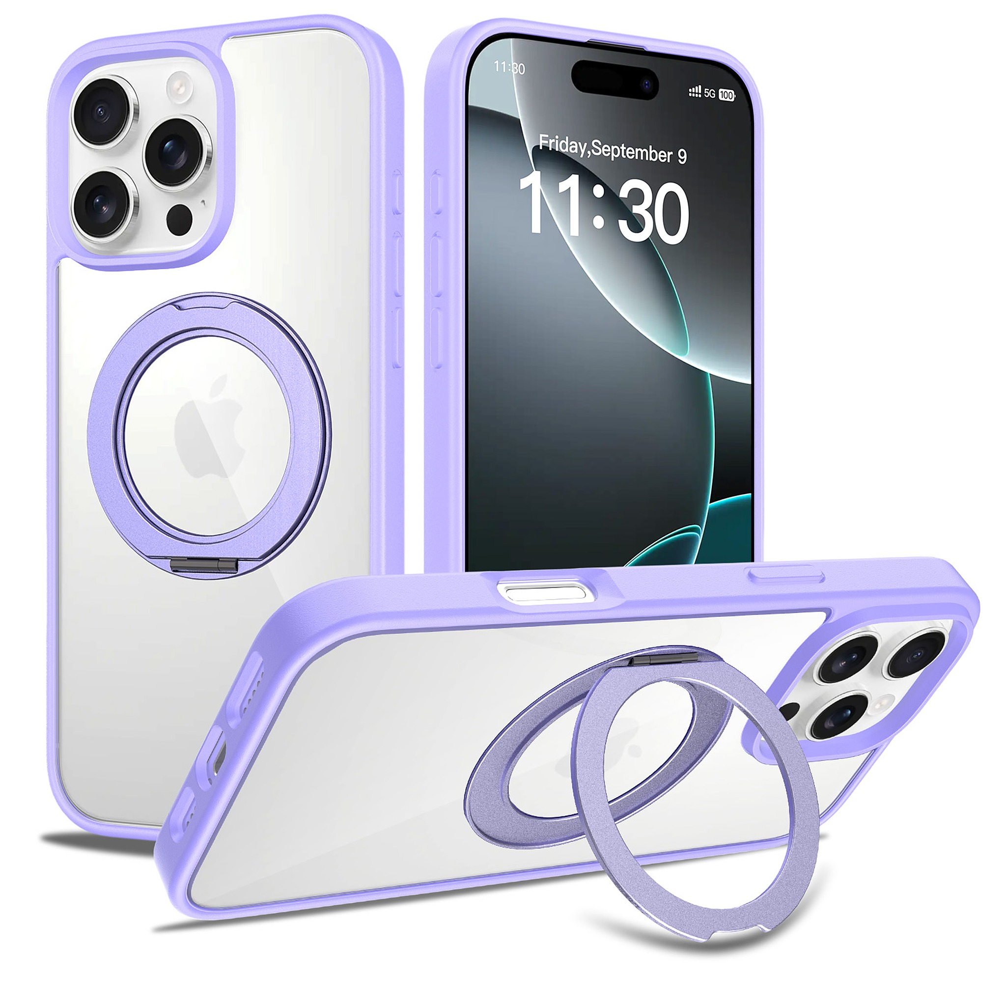 SendaFit Clear 360° Stand Case for iPhone 16 Pro Max - Light Purple