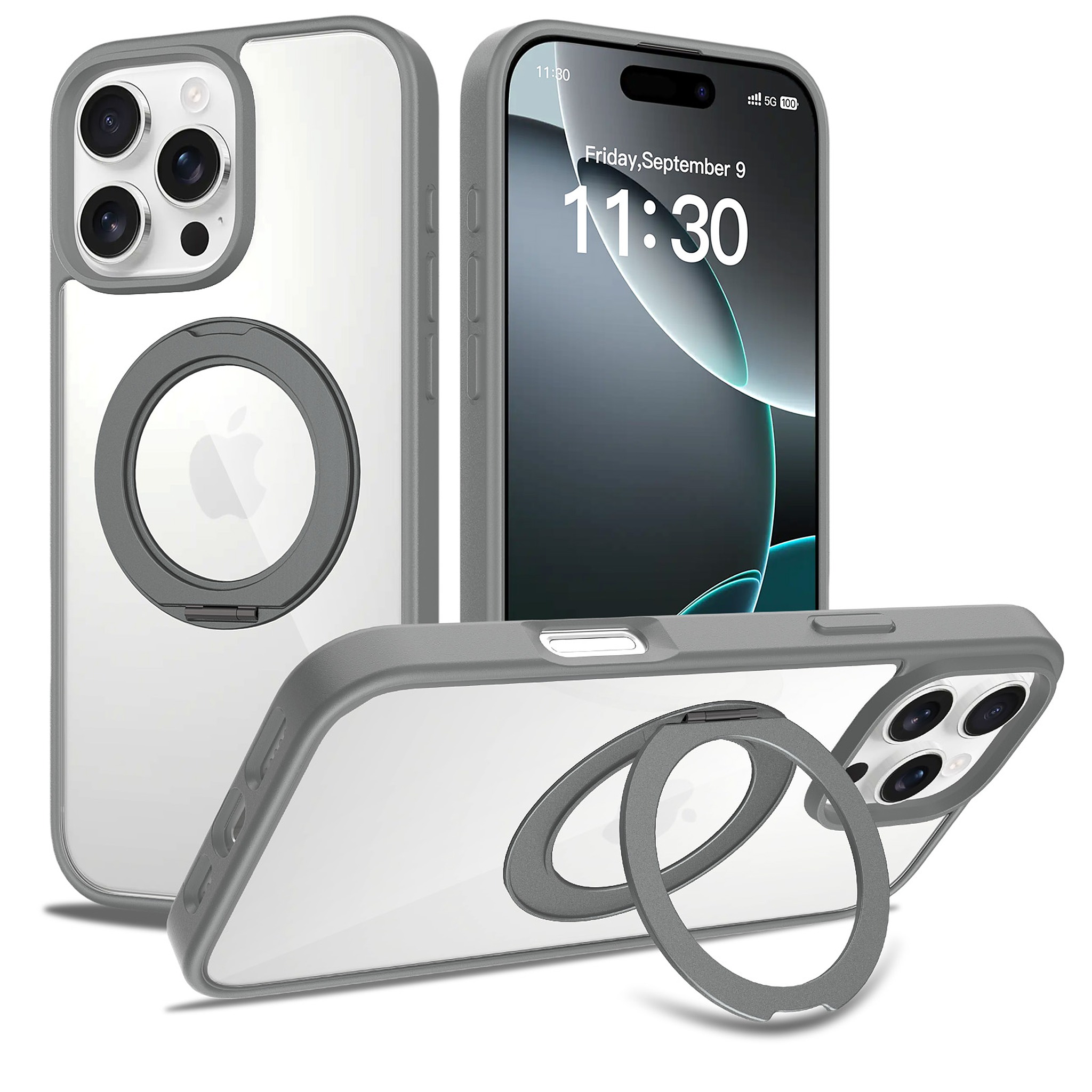 SendaFit Clear 360° Stand Case for iPhone 16 Pro Max - Dark Gray