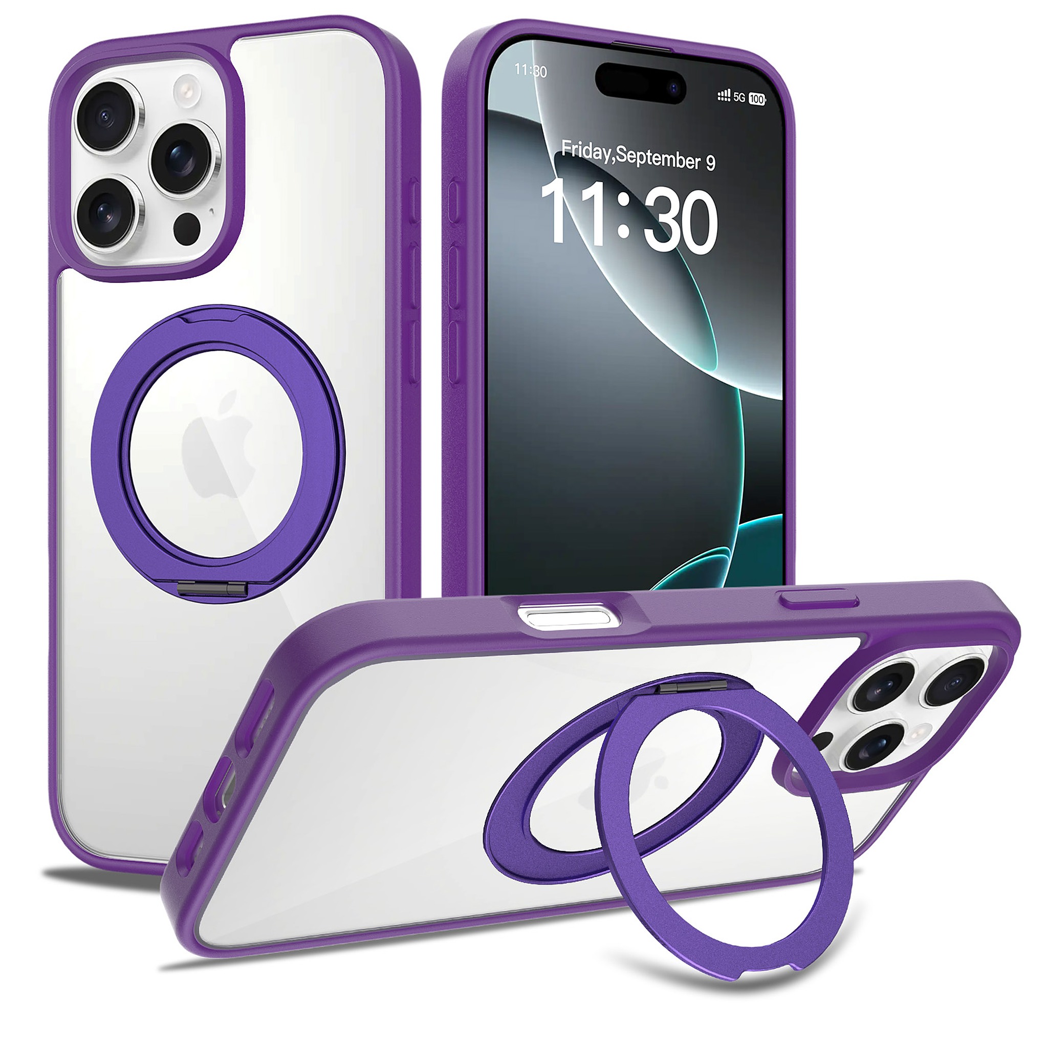 SendaFit Clear 360° Stand Case for iPhone 16 Pro Max - Deep Purple