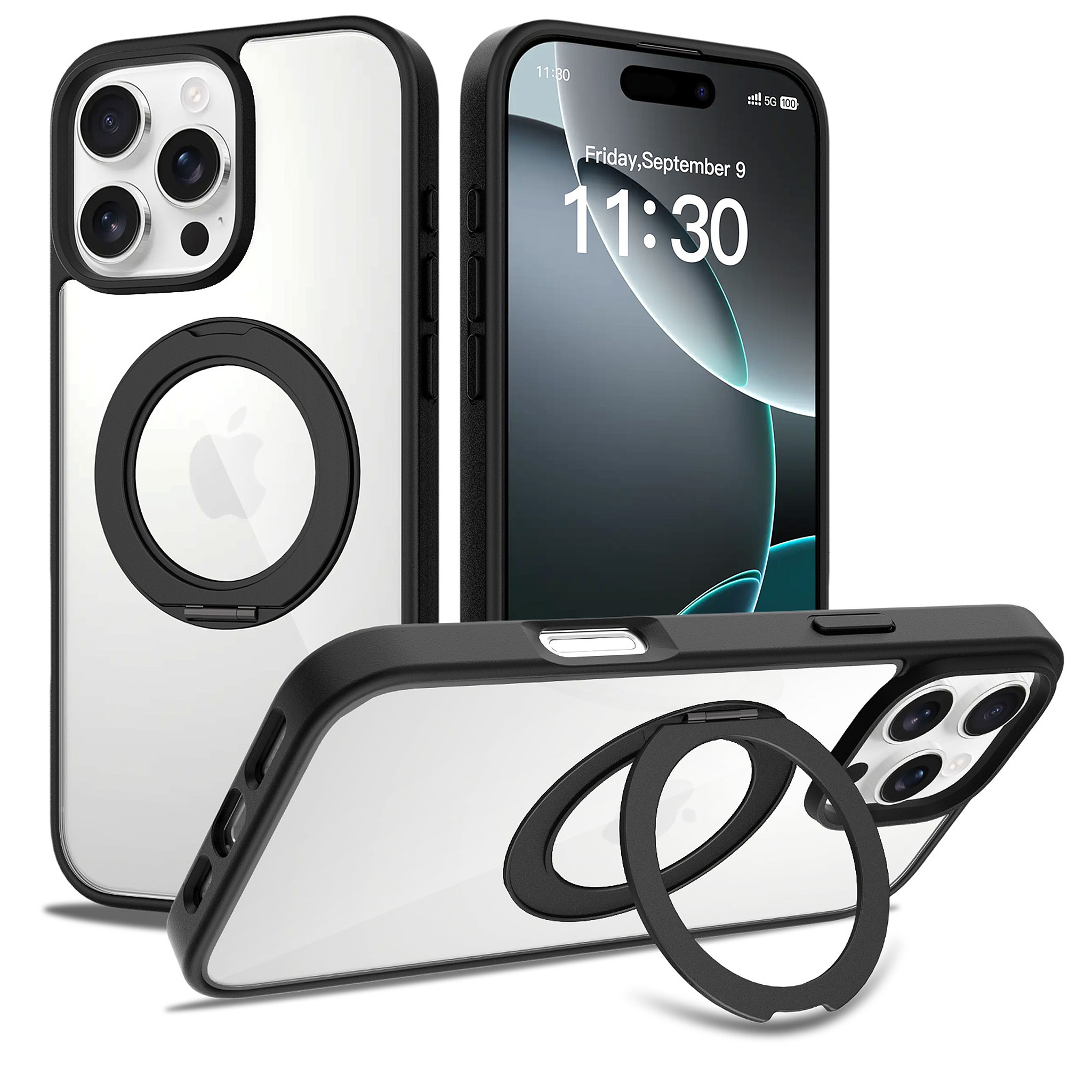 SendaFit Clear 360° Stand Case for iPhone 16 Pro Max - Black