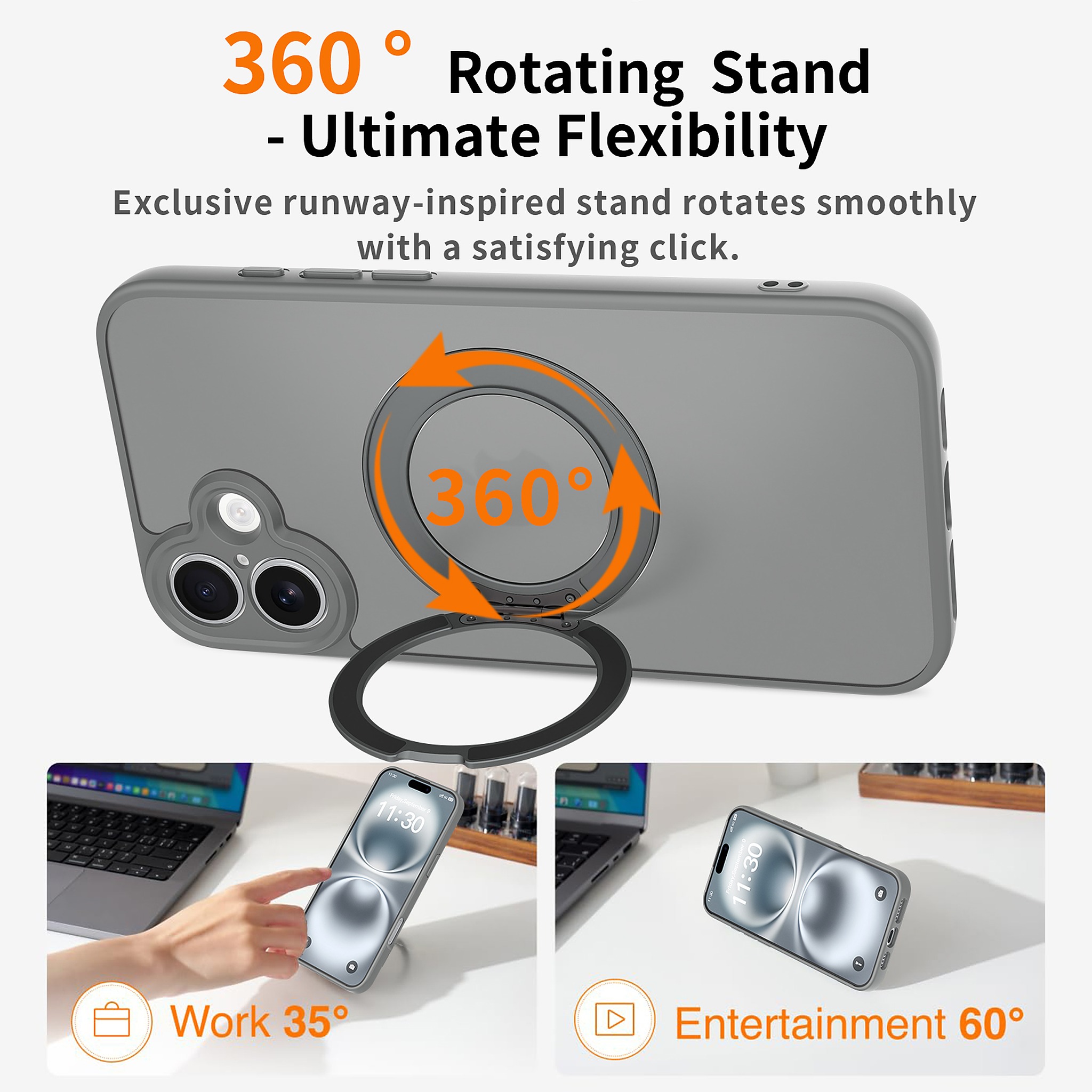 SendaFit Precise-Cutout Matte Skin-Feel 360° Stand Case for iPhone 16 Plus detail 12