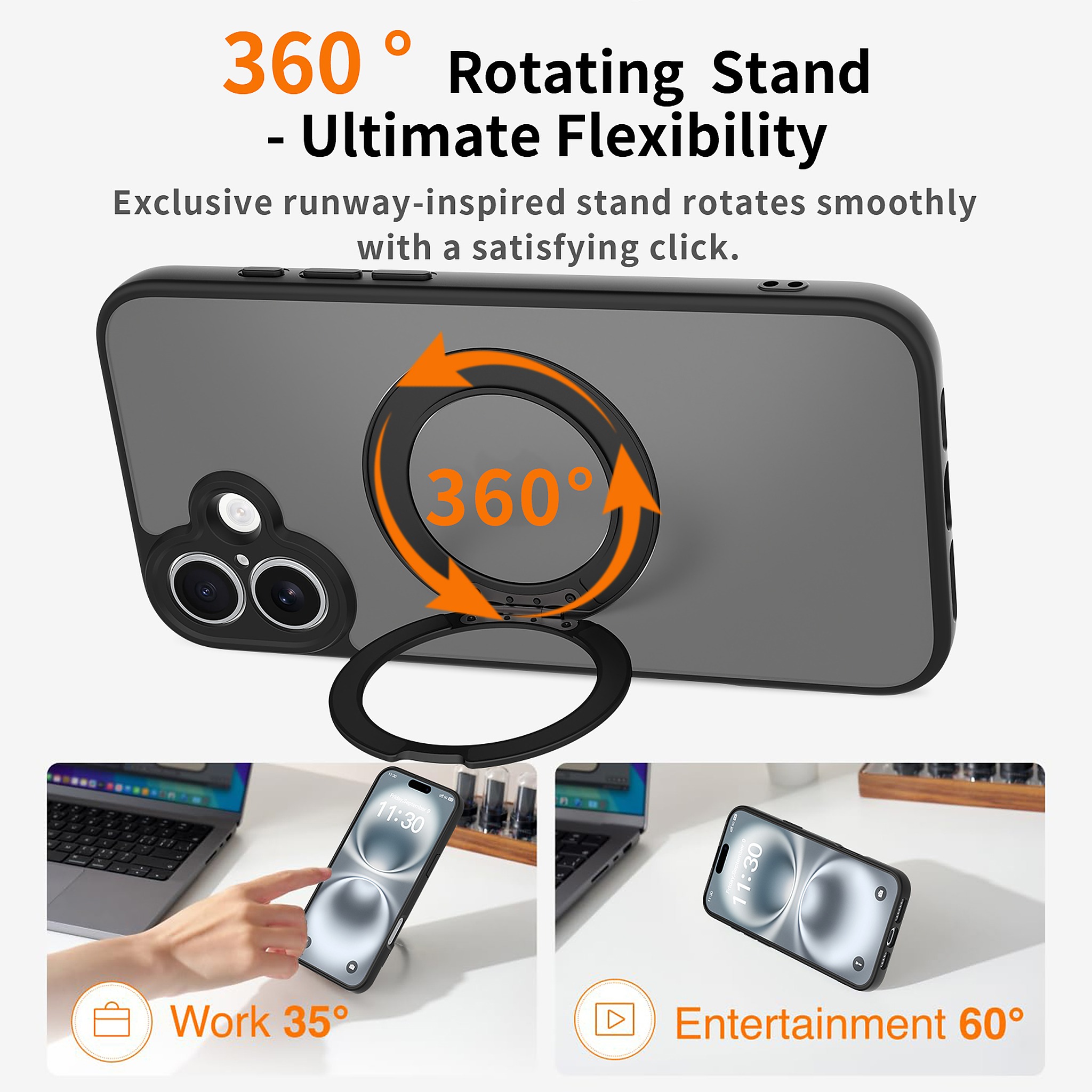 SendaFit Precise-Cutout Matte Skin-Feel 360° Stand Case for iPhone 16 Plus detail 13