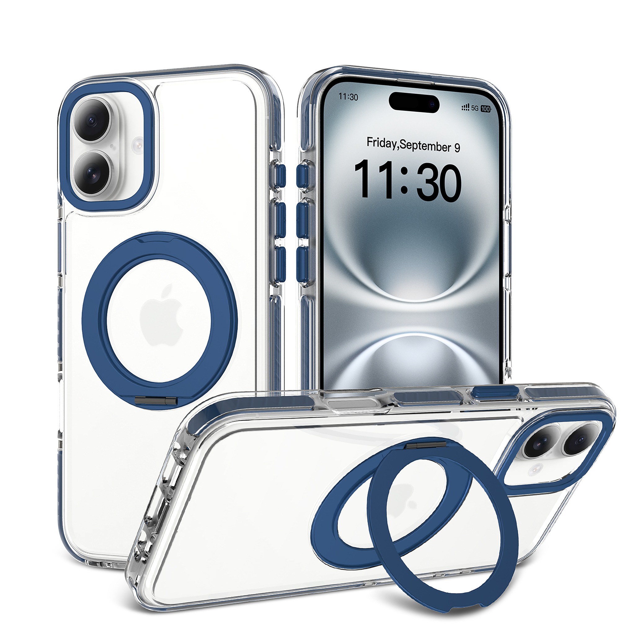 SendaFit Iridescent Clear 360° Stand Case for iPhone 16 Plus - Royal Blue