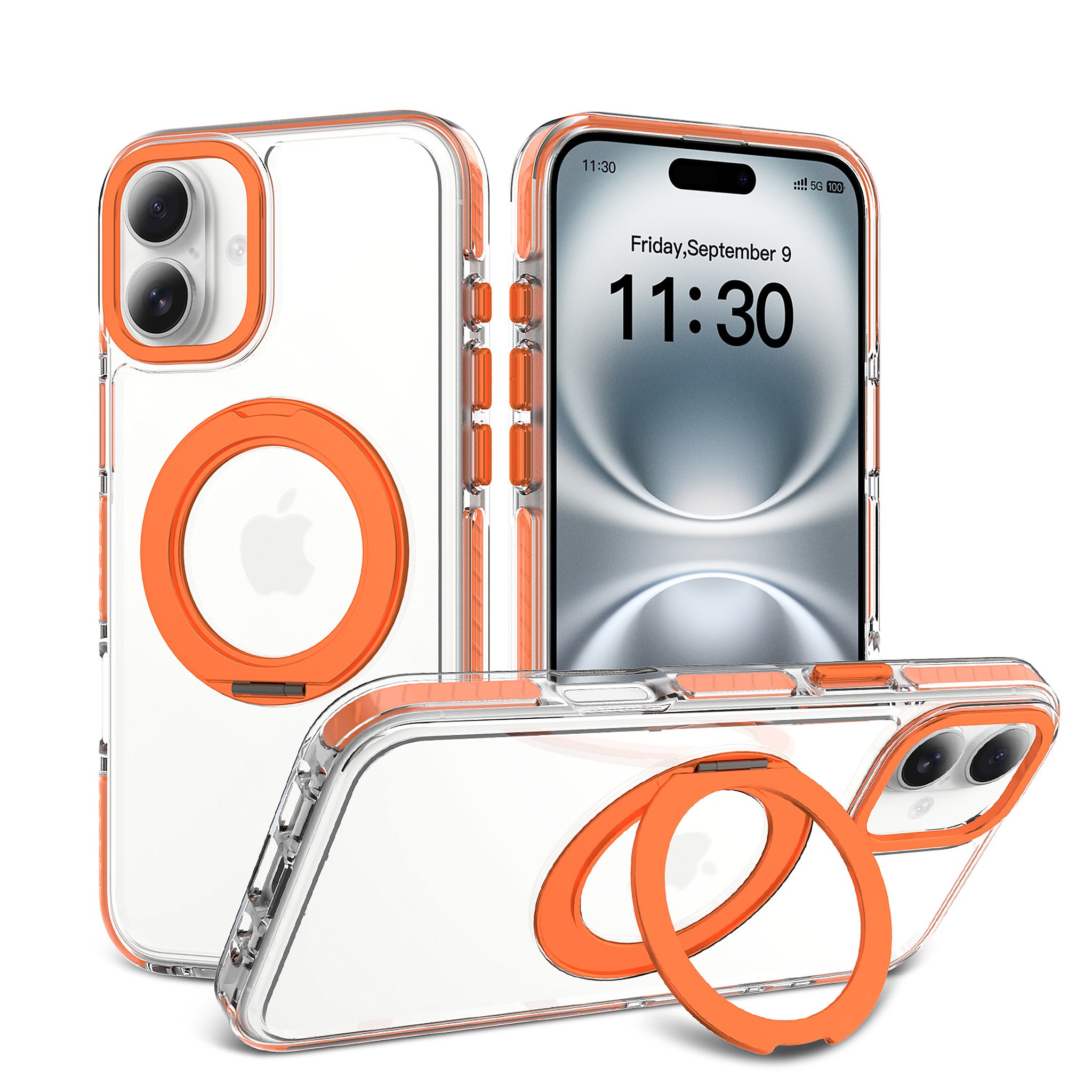 SendaFit Iridescent Clear 360° Stand Case for iPhone 16 Plus - Orange