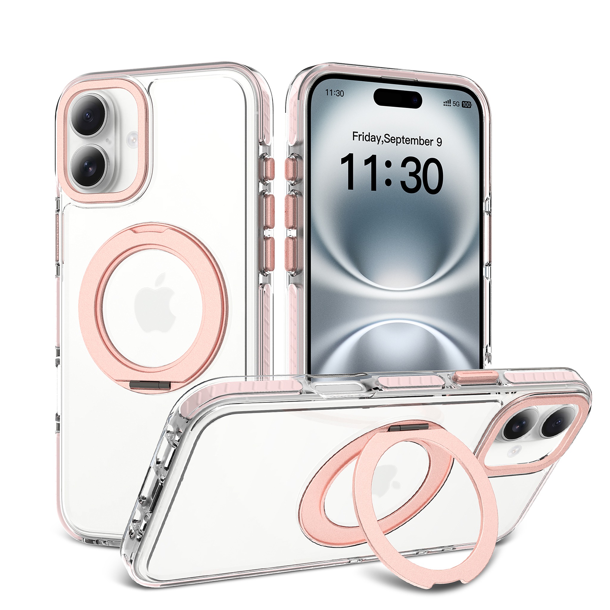 SendaFit Iridescent Clear 360° Stand Case for iPhone 16 Plus - Light Pink