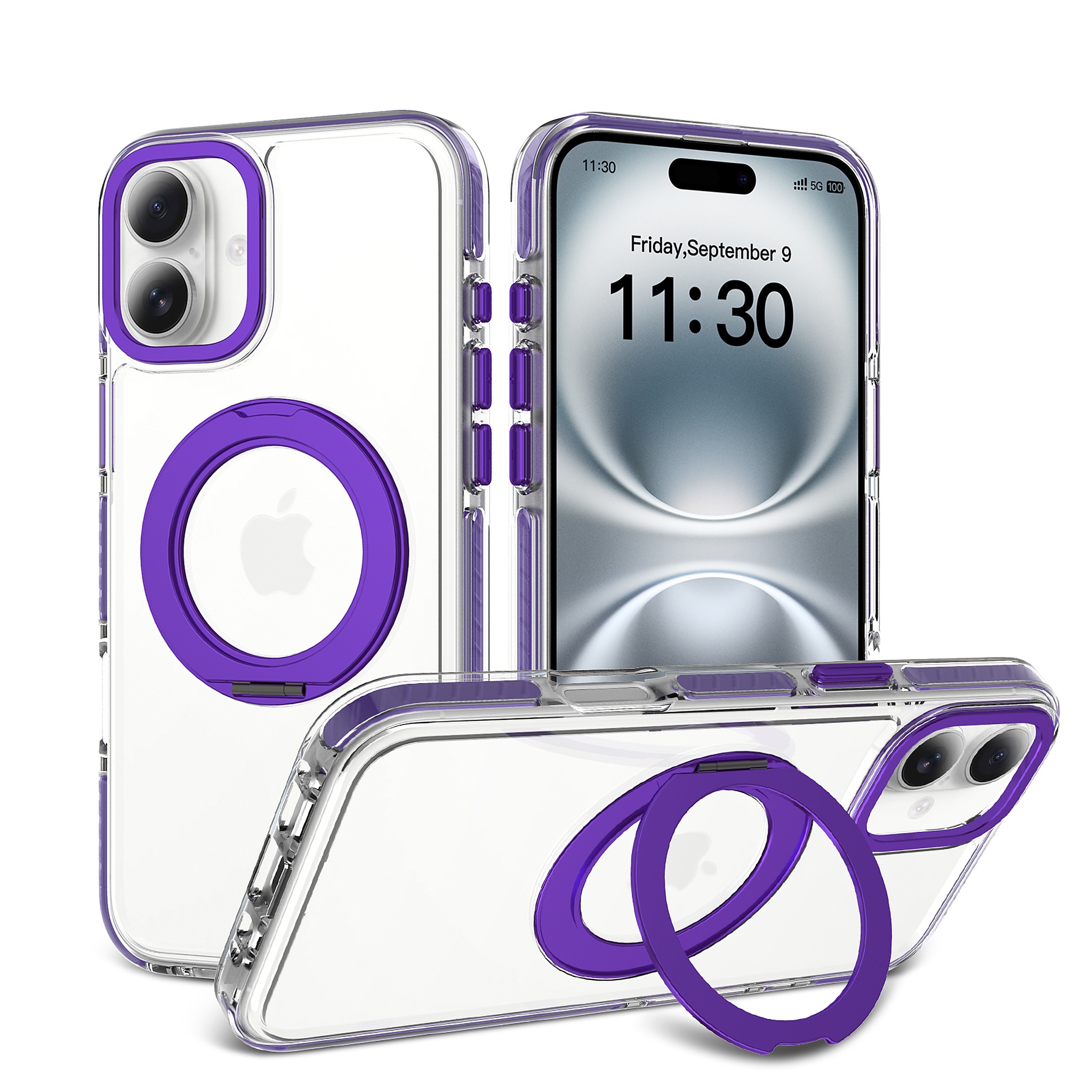 SendaFit Iridescent Clear 360° Stand Case for iPhone 16 Plus - Purple