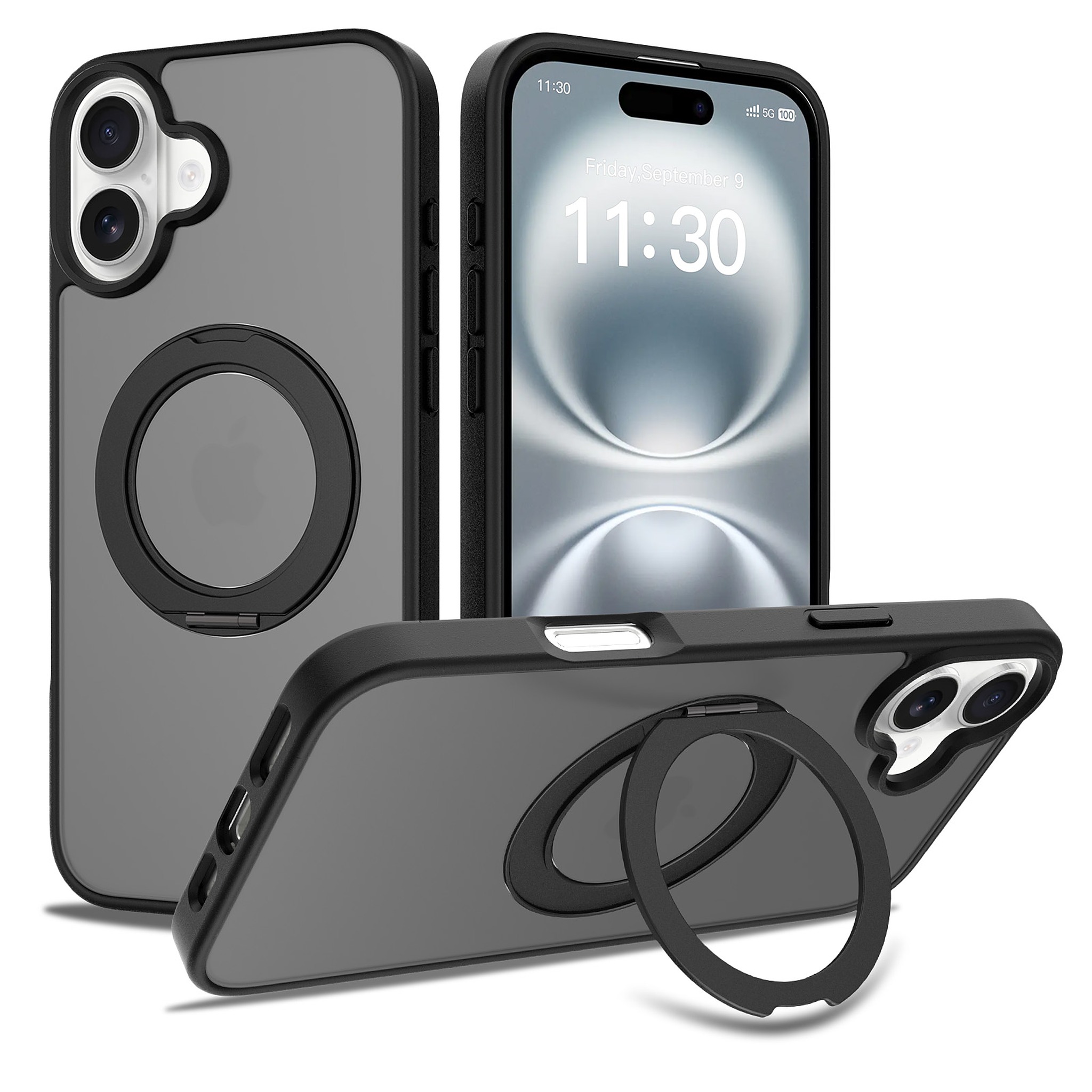 SendaFit Matte Skin-Feel 360° Stand Case for iPhone 16 Plus - Matte Black
