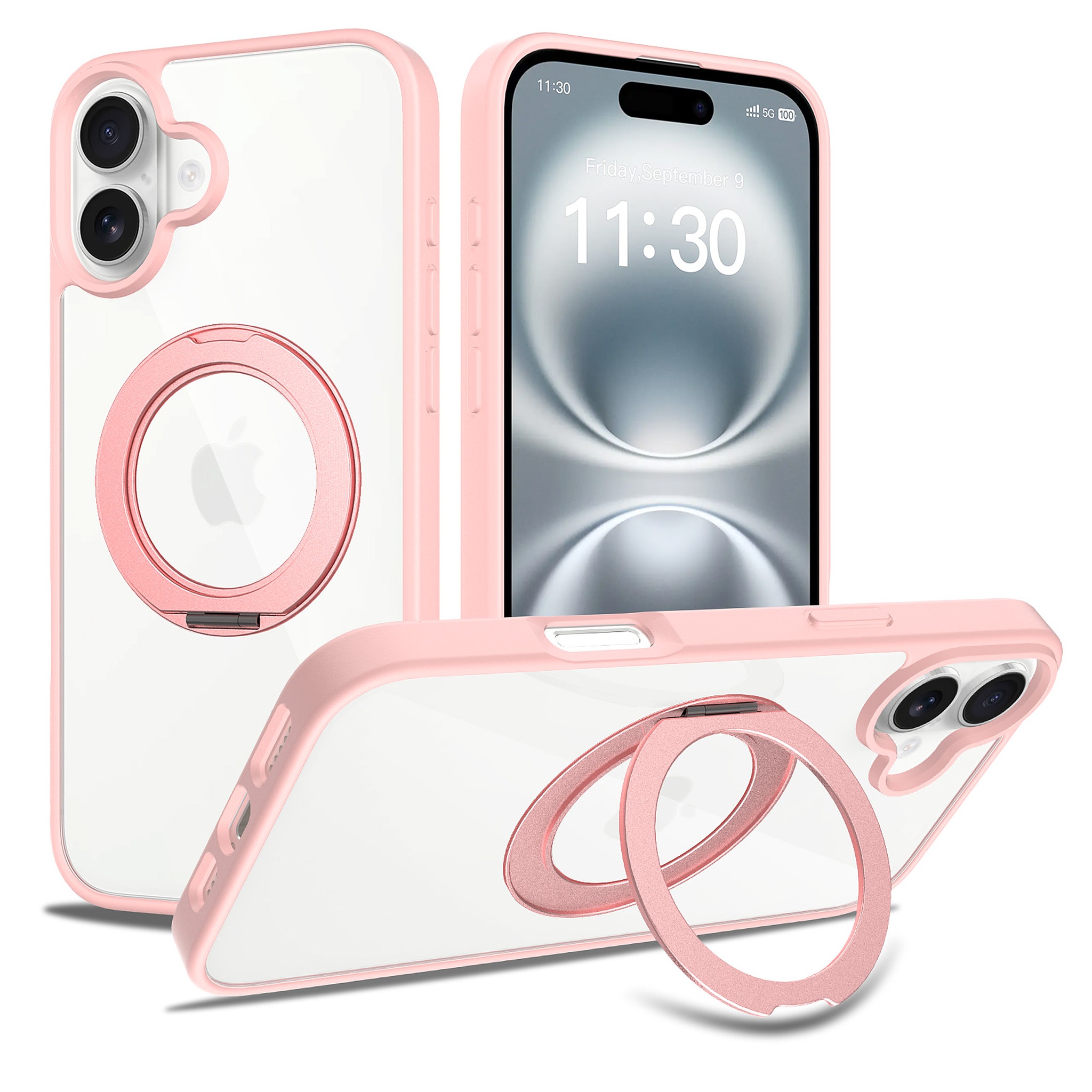 SendaFit Clear 360° Stand Case for iPhone 16 Plus - Light Pink