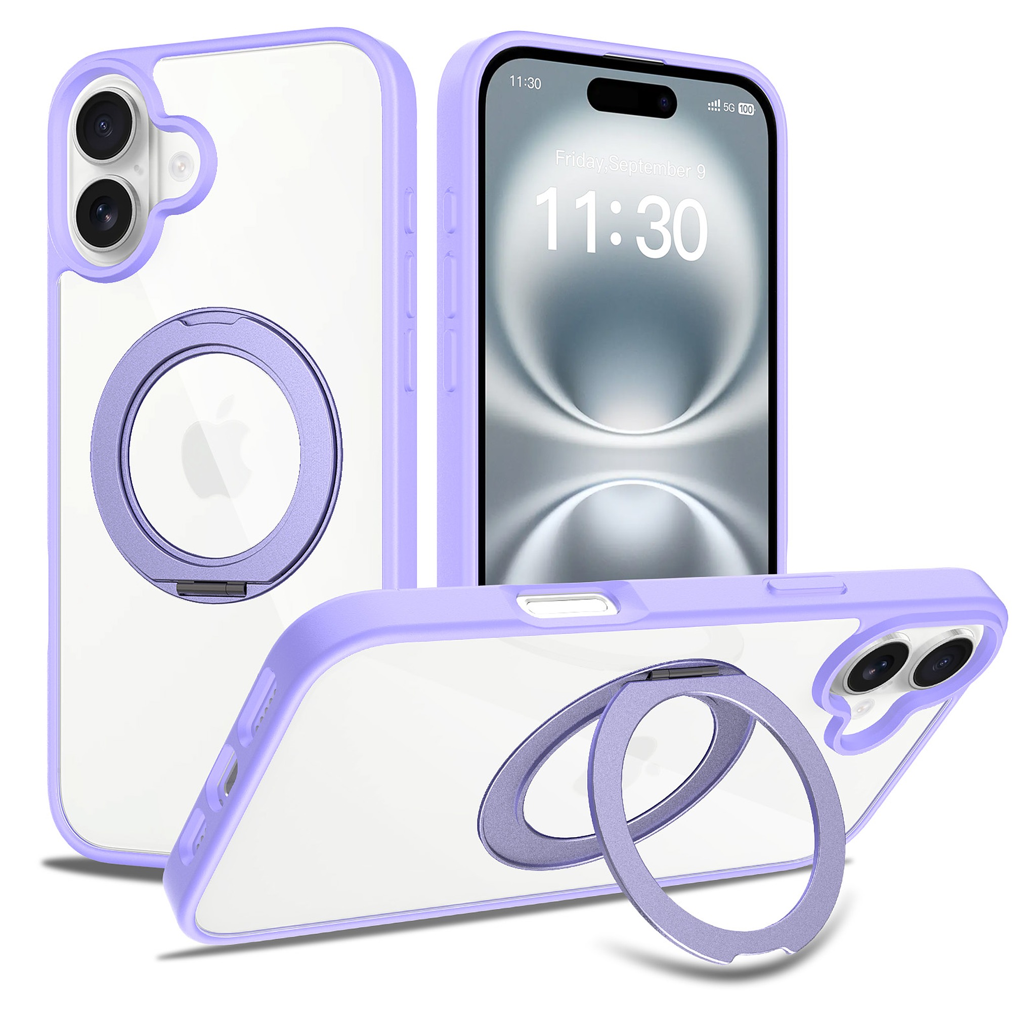 SendaFit Clear 360° Stand Case for iPhone 16 Plus - Light Purple