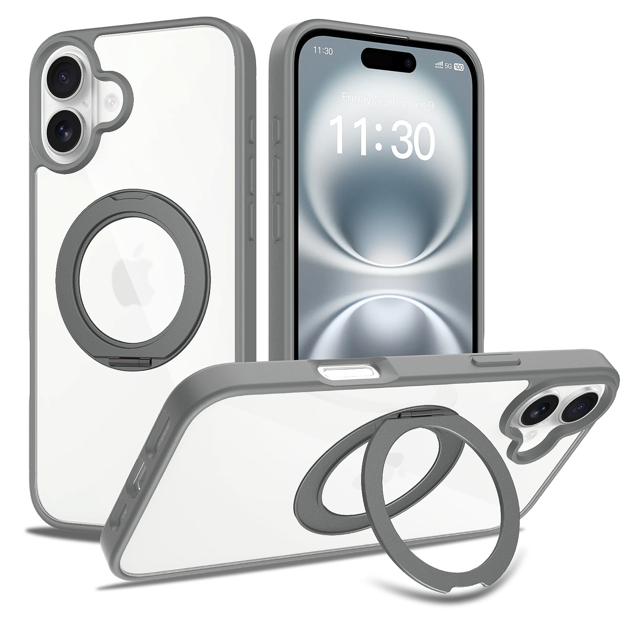 SendaFit Clear 360° Stand Case for iPhone 16 Plus - Dark Gray
