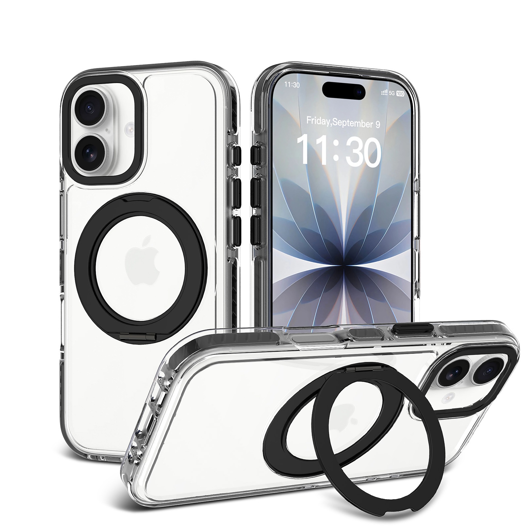 SendaFit Iridescent Clear 360° Stand Case for iPhone 17 - Black