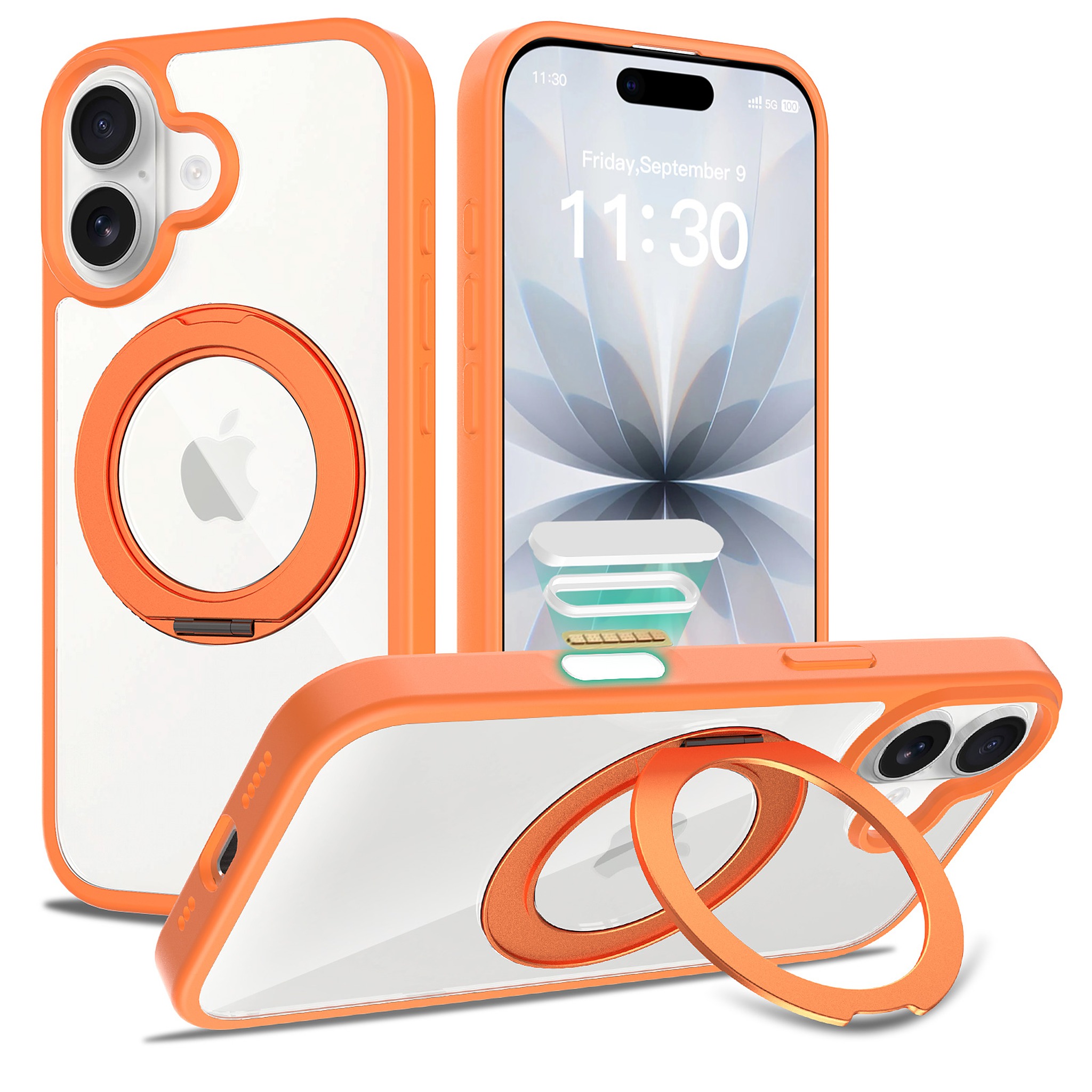 SendaFit Clear 360° Stand Camera-Button Case for iPhone 17 - Orange