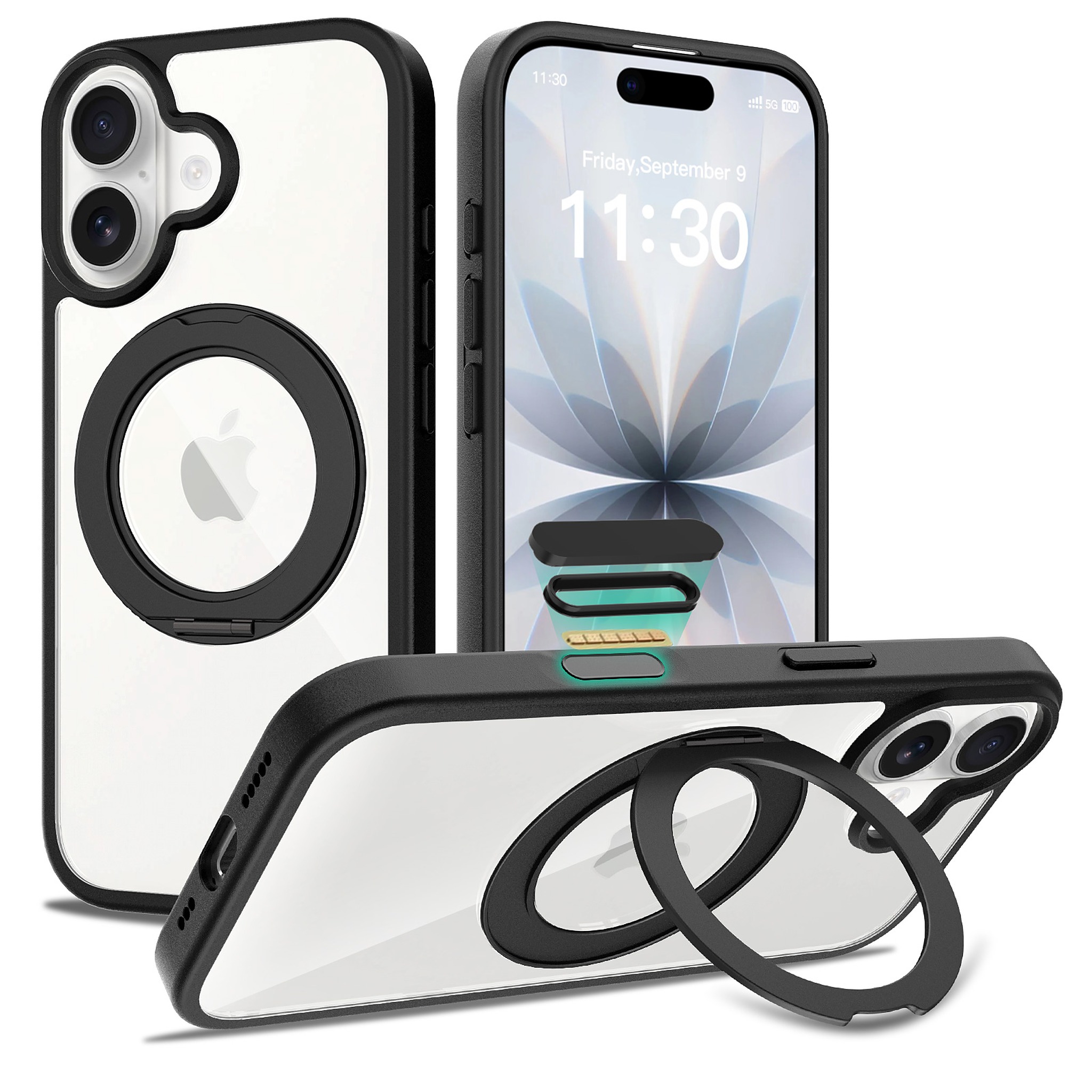 SendaFit Clear 360° Stand Camera-Button Case for iPhone 17 - Black